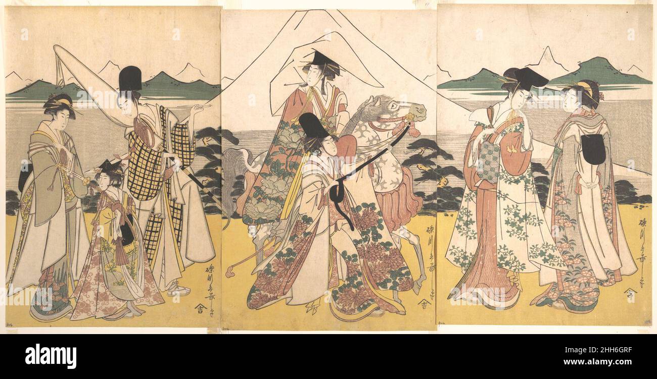 Viaggio di Narihira verso Oriente fine 18th secolo Rekisentei Eiri 礫川亭永理 giapponese il nono capitolo delle Tales of ISE è il passaggio più famoso del testo e uno dei più frequentemente illustrato nella letteratura giapponese. Narihira ha perso tutta la volontà di continuare la sua vita mondana nella capitale e, di umore sconfortato, lascia casa con uno o due amici vicini in cerca di un'esistenza pacifica nelle province orientali. Gli illustratori più spesso hanno rappresentato il momento durante questo kudari di Azuma, o viaggio verso est, quando i viaggiatori disperati passano i piedi del Monte Fuji. Presumibilmente, che io Foto Stock