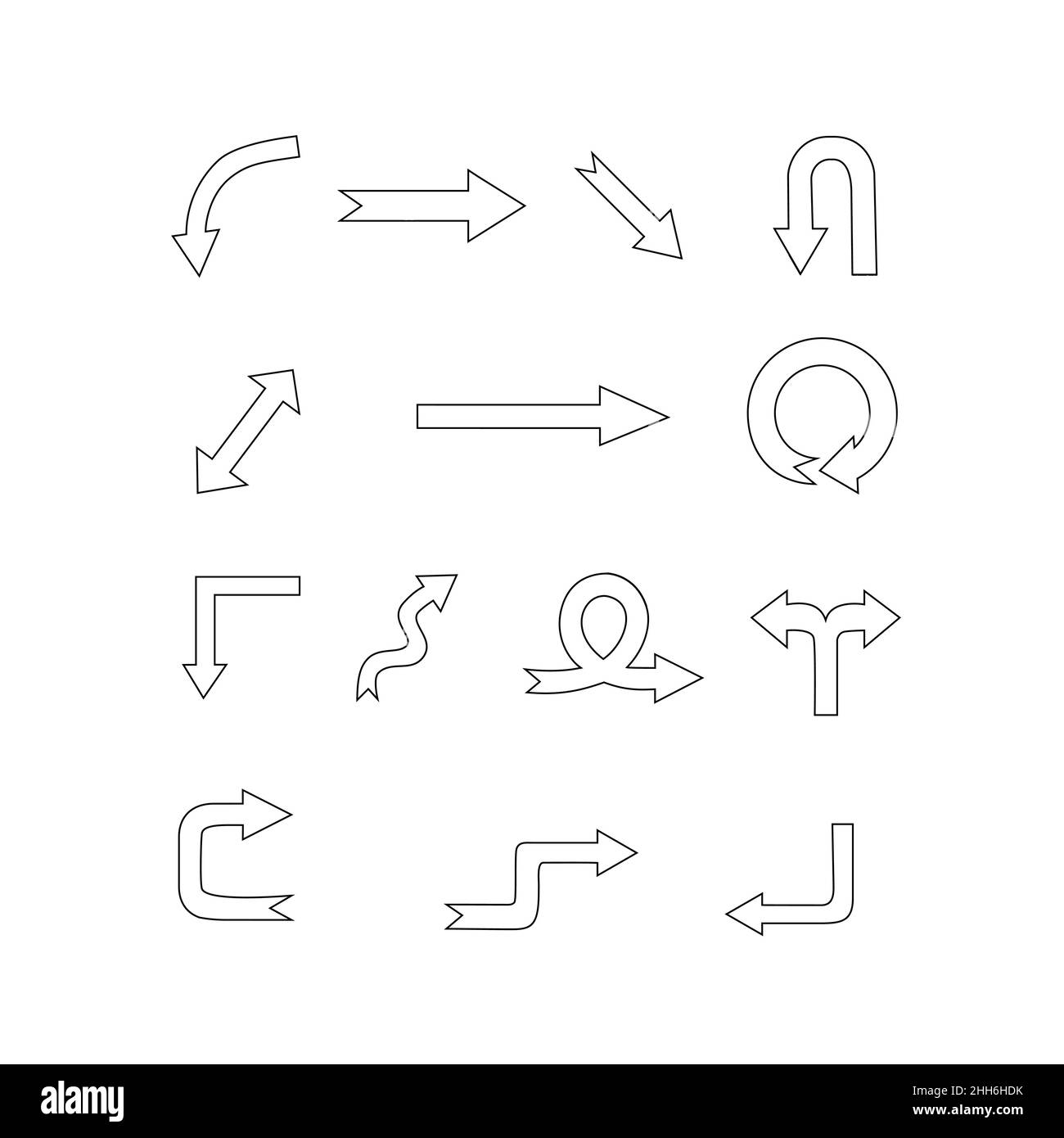Semplici frecce con contorno nero disegnate a mano in varie direzioni. Raccolta di elementi del cursore vettoriale piatto isolati su sfondo bianco per l'infografia Illustrazione Vettoriale