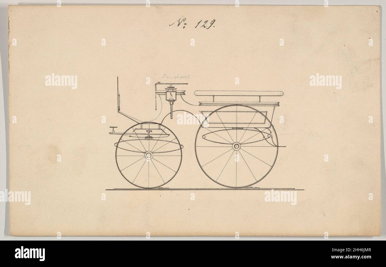 Design per Wagonette o Omnibus, n. 129 1850–60 Brewster & Co. American Brewster & Company HistoryEtablished in 1810 da James Brewster (1788–1866) a New Haven, Connecticut, Brewster & Company, specializzato nella fabbricazione di carrozze fini. Il fondatore aprì uno showroom di New York nel 1827 a 53-54 Broad Street, e l'azienda fiorì sotto generazioni di leadership familiare. L'espansione ha reso necessarie le mosse intorno a Lower Manhattan, con i cambiamenti di nome che riflettono i cambiamenti di direzione: James Brewster & Sons operò a 25 Canal Street, James Brewster Sons a 396 Broadway e Brewster di Broome Str Foto Stock