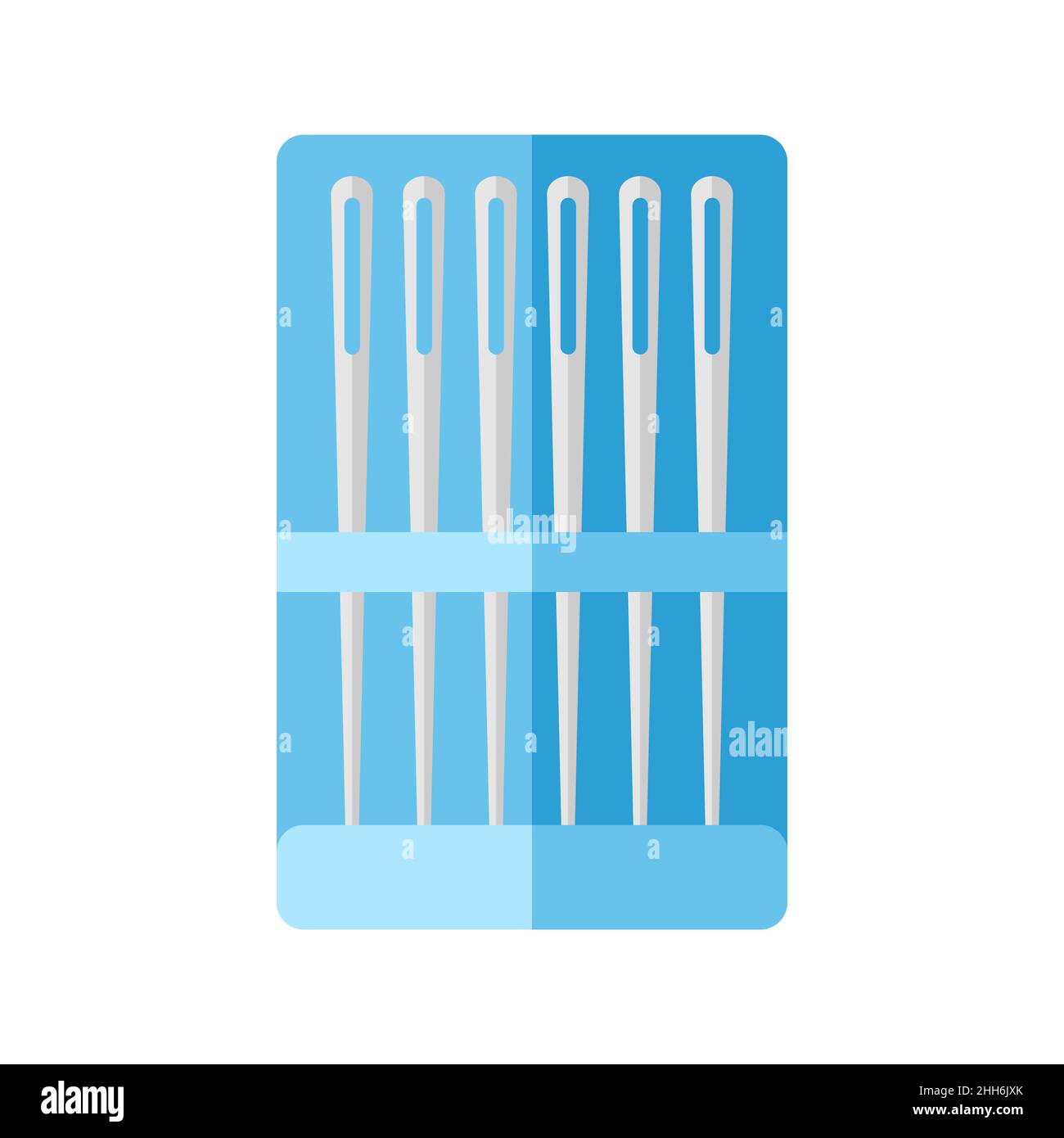 Kit ago per cucire isolato su sfondo bianco. Aghi per tappezzeria in confezione blu con disegno vettoriale piatto. Illustrazione Vettoriale