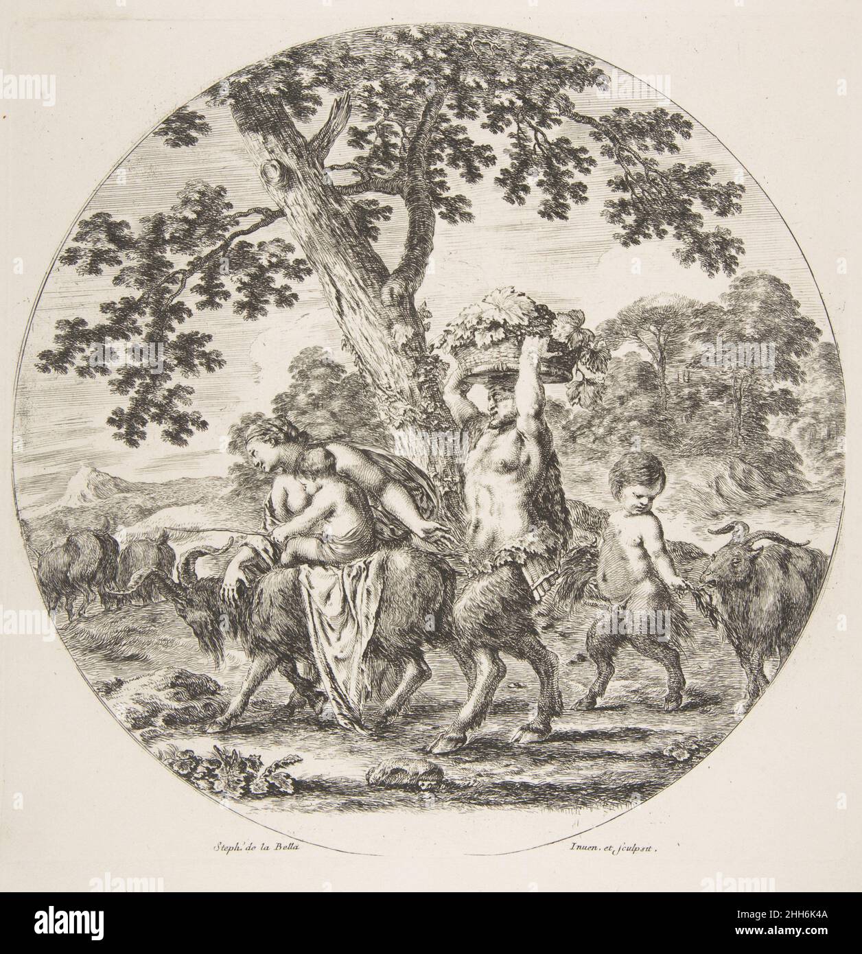 Famiglia Satyr camminando verso sinistra con due capre e un cesto di uva ca. 1657 Stefano della Bella italiano. Famiglia Satyr camminando verso sinistra con due capre e un cesto di uve 375891 Foto Stock