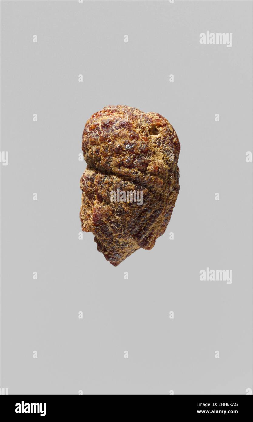 Ciondolo: Testa femmina con uccello headdress 8th–7th secolo a.C. Ciondolo etrusco di testa femmina in profilo con un headdress. Pendente: Testa femmina con indirizzo di uccello. Etrusco. 8th–7th secolo a.C. Ambra. Arcaico. Varie-Ambra Foto Stock