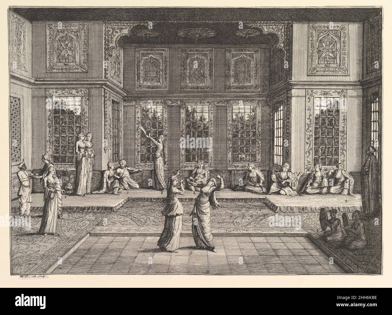 The Seraglio (Aubry de la Mottraye's 'Viaggi in tutta Europa, Asia e in parte dell'Africa...,' London, 1724, vol. I, pl. 18) 1723–24 William Hogarth British Hogarth fece questa stampa all'inizio della sua carriera per illustrare un libro di viaggio dell'autore francese Aubry de la Mottraye. L'immagine di un harem turco deriva in parte da immagini trovate in 'Recueil de cent estampes représentant differentes Nations du Levant...' (Una raccolta di cento stampe che rappresentano le Nazioni del Levante, 1712-13). In quella pubblicazione precedente, incisioni di Gérard Scotin (1643–1715) dopo Jean Baptiste Vanmour incluse Foto Stock