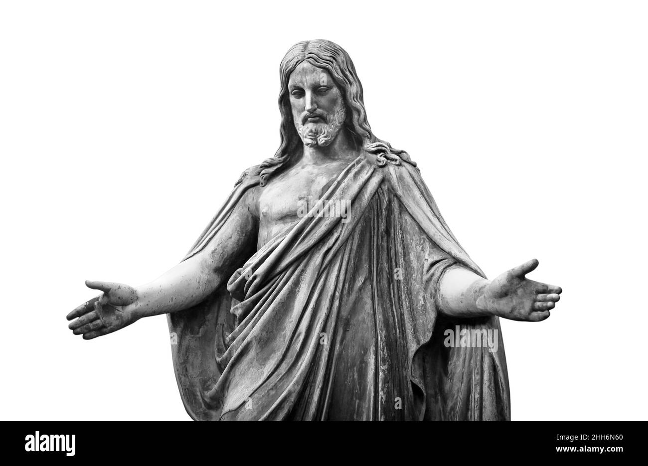 Gesù Cristo figlio di Dio statua isolata, vista frontale in bianco e nero Foto Stock