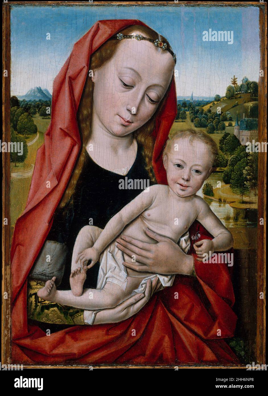 Virgin and Child 1475–99 Workshop of Dieric Bouts Netherlandish questa tenera immagine della Vergine e del Bambino è la migliore copia sopravvissuta di un prototipo perduto dipinto da bouts vicino alla fine della sua vita. Tra gli altri quindici esempi, si distingue per l'alta qualità del suo sfondo paesaggistico e la sottigliezza della sua modellazione. Il Bambino gioca con la punta grande sul piede destro, un gesto che avrebbe potuto implicare un invito allo spettatore a seguire le orme di Cristo. Nella sua mano sinistra tiene un rosa, che aveva anche un significato simbolico, poiché il nome greco di questo fiore, dianthis, significa 'flusso Foto Stock