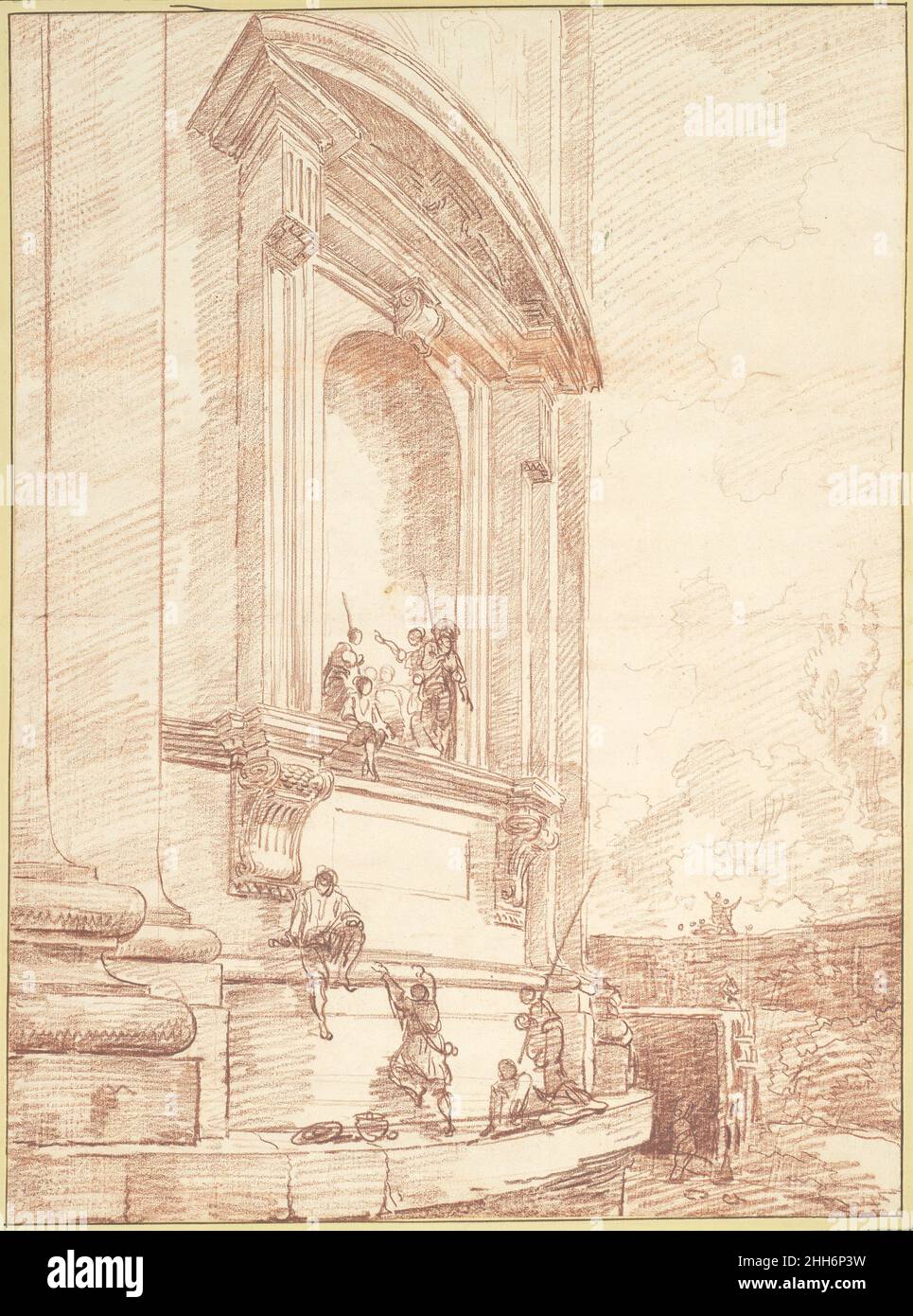 Figure in una delle nicchie di Michelangelo sull'abside di San Pietro, Roma ca. 1763 Hubert Robert French questo disegno non datato si riferisce ad un gruppo di vedute del Vaticano che Robert eseguì nel 1763. Per enfatizzare la curvatura della nicchia di Michelangelo, Robert scelse un punto panoramico basso e obliquo. La prospettiva presentava tuttavia delle difficoltà, nonostante il suo uso di un rettilineo nei luoghi. A sinistra, il tratteggio imposta le colonne in ombra, ma non produce un senso di volume convincente. Né la resa del lato destro del frontone, dove è sostenuto da colonne e staffe, è convincente Foto Stock