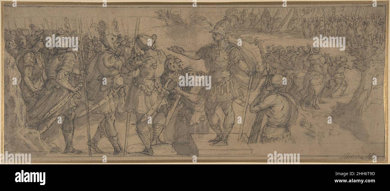 Design per una narrazione Frieze: Un Comandante che si rivolge alle sue truppe 1535–1607 Alessandro Allori Italiano. Disegno per un racconto Frieze: Un Comandante che si rivolge alle sue truppe. Alessandro Allori (Firenze 1535–1607 Firenze). 1535–1607. Penna e inchiostro marrone, pennello e lavaggio grigio-marrone, evidenziato con un po 'di bianco, su gesso nero, su carta marrone. Linee di inquadratura in gesso nero. Disegni Foto Stock