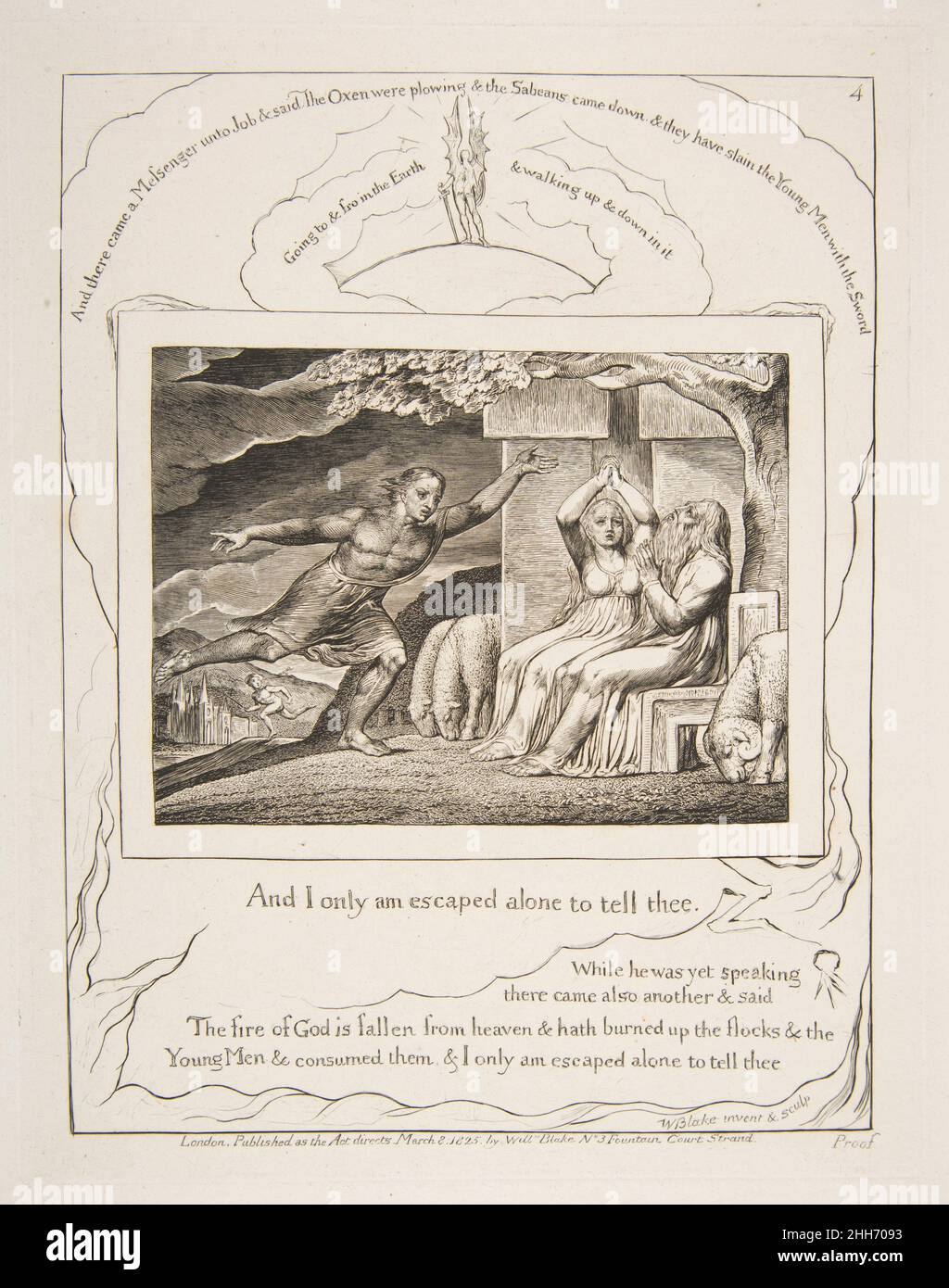 I messaggeri raccontano a Giobbe le sue disgrazie 1825–26 William Blake British. I messaggeri raccontano a Giobbe le sue disfortune 383460 artista: William Blake, britannico, Londra 1757?1827 Londra, Editore: Pubblicato da William Blake, britannico, Londra 1757?1827 Londra 3 Fountain Court, Strand, i messaggeri raccontano a Giobbe le sue disgrazie, dalle illustrazioni del Libro di Giobbe, 1825?26, incisione, piatto: 8 7/16 x 6 5/8 poll. (21,4 x 16,8 cm) foglio: 16 1/8 x 10 15/16 pollici (41 x 27,8 cm). Il Metropolitan Museum of Art, New York. Dono di Edward Bement, 1917 (17.17.1?4) Foto Stock