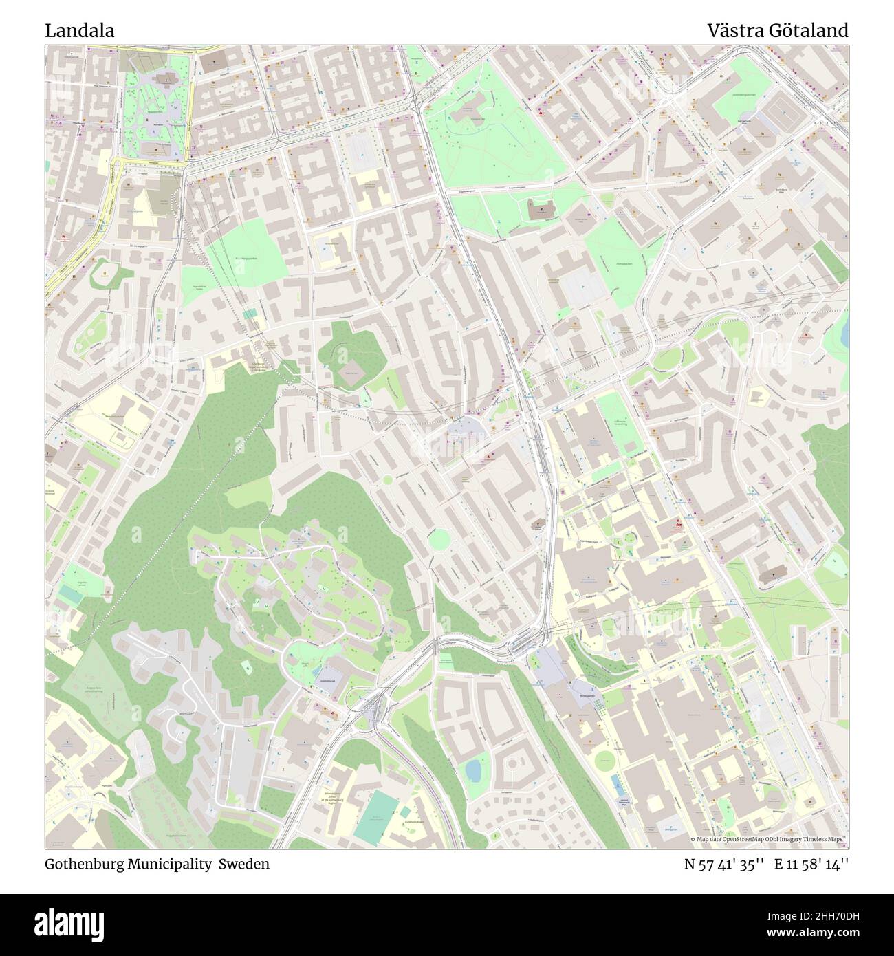 Landala, comune di Gothenburg, Svezia, Västra Götaland, N 57 41' 35'', e 11 58' 14''', mappa, mappa senza tempo pubblicata nel 2021. Viaggiatori, esploratori e avventurieri come Florence Nightingale, David Livingstone, Ernest Shackleton, Lewis and Clark e Sherlock Holmes si sono affidati alle mappe per pianificare i viaggi verso gli angoli più remoti del mondo, Timeless Maps sta mappando la maggior parte delle località del mondo, mostrando il successo di grandi sogni. Foto Stock