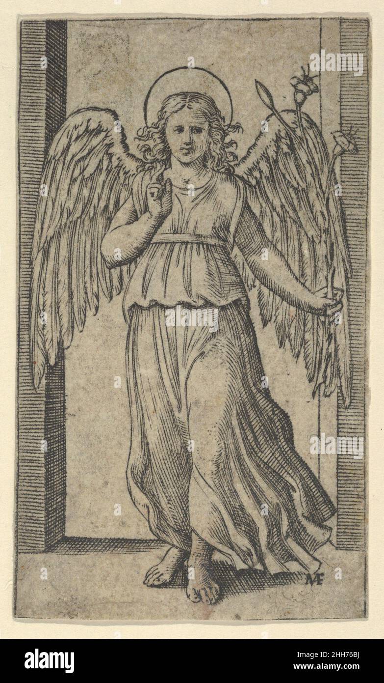 L'Angelo Gabriele in piedi, dalla serie 'piccoli Santi' ca. 1500–1527 Marcantonio Raimondi Italiano. L'Angelo Gabriele in piedi, dalla serie 'piccoli Santi'. Marcantonio Raimondi (italiano, Argini (?) circa 1480–prima del 1534 Bologna (?)). CA. 1500–1527. Incisione. Stampa Foto Stock
