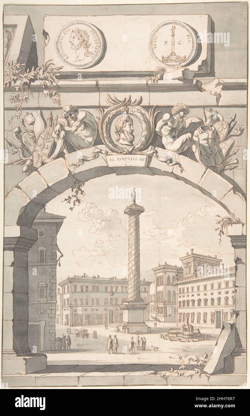 Vista della colonna di Marco Aurelio prima del 1704 Jan Goeree olandese. Vista della colonna di Marco Aurelio 336109 Foto Stock