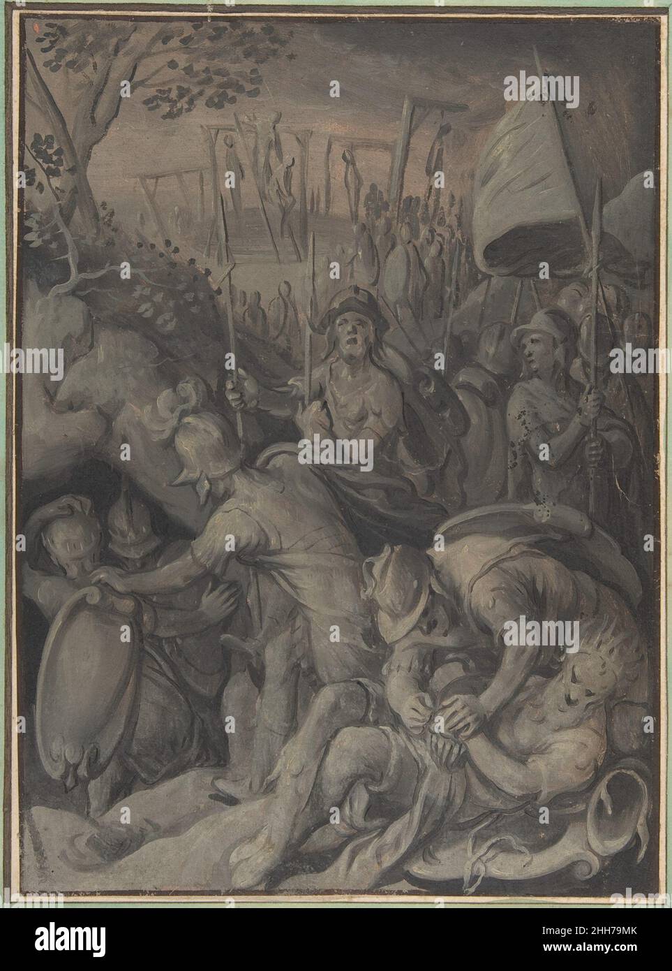 Esecuzione dei cinque Re degli Amoriti 1533–74 Joachim Beuckelaer Netherlandish. Esecuzione dei cinque Re degli Amorei. Joachim Beuckelaer (Olanda, Anversa 1533–1575 Anversa). 1533–74. Olio su carta. Disegni Foto Stock