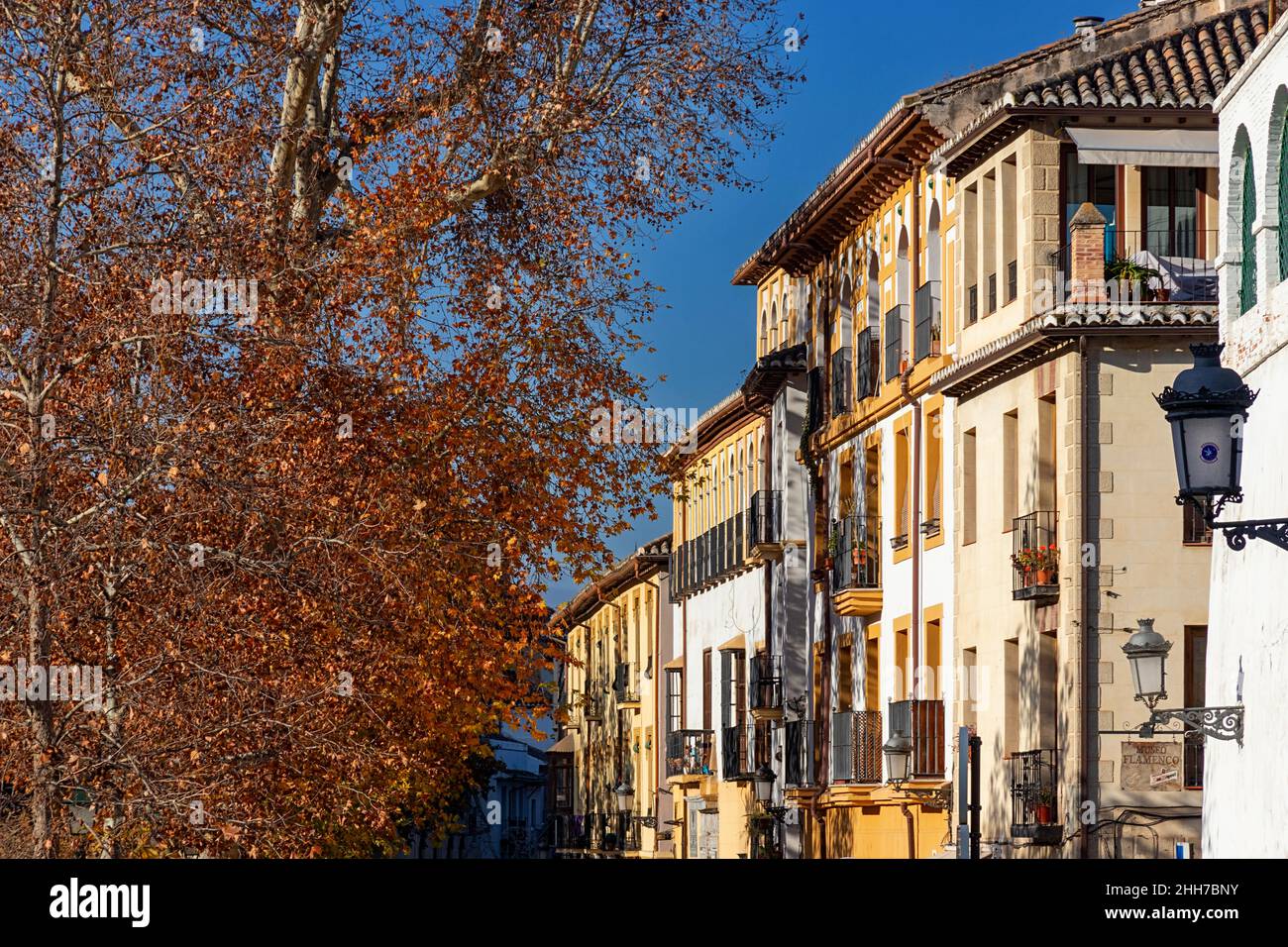 GRANADA ANDALUCIA SPAGNA FOGLIE AUTUNNALI NELLA CARRERA DEL DARRO E TIPICHE CASE SPAGNOLE Foto Stock