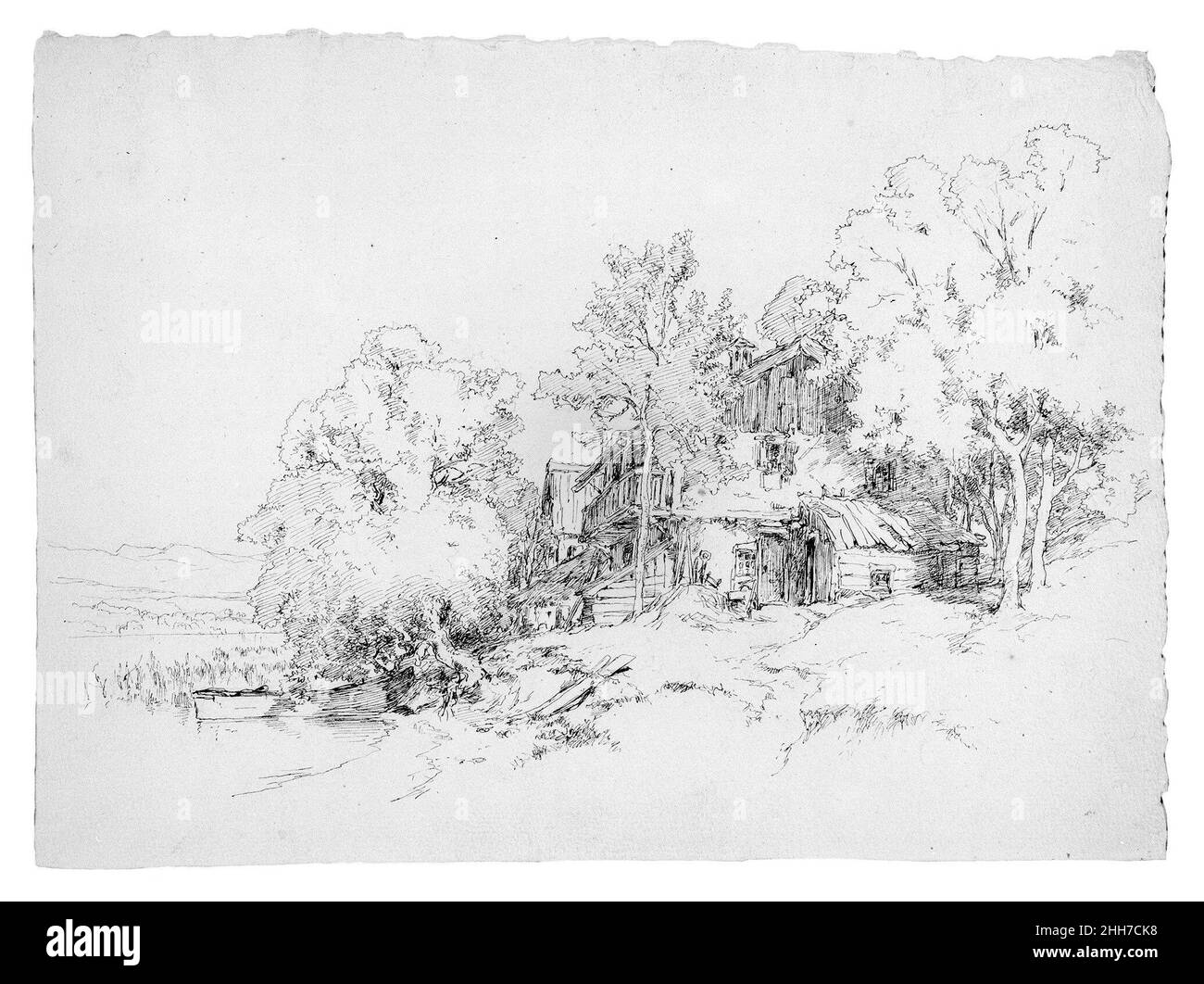 Edificio agricolo tedesco Andrew Fisher Bunner. Fattoria tedesca. Andrew Fisher Bunner (1841-1897). Americano. Tracce di penna nera e grafite su carta leggera con carta strizzata Foto Stock