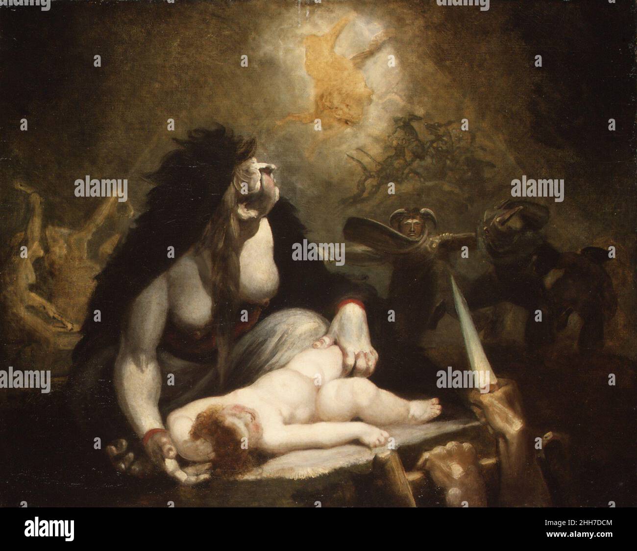 The Night-Hag Visiting Lapponia Witches 1796 Henry Fuseli Swiss questa tela, esposta per la prima volta nel 1799, fu venduta dall'artista nel 1808 al suo biografo, John Knowles. Illustra un passaggio dal Paradiso perduto (II, 622-66) in cui i hellhounds che circondano Sin sono paragonati a coloro che 'seguono la notte-hag quando, chiamato, / in segreto, cavalcando attraverso l'aria che viene, attirato con l'odore di sangue infantile, a ballare / con streghe Lapponia, Mentre la luna di lavoro si eremetta al loro fascino." "Notte-hag" è un epiteto della dea greca Hecate, che ha presieduto la stregoneria e i riti magici. Il Foto Stock