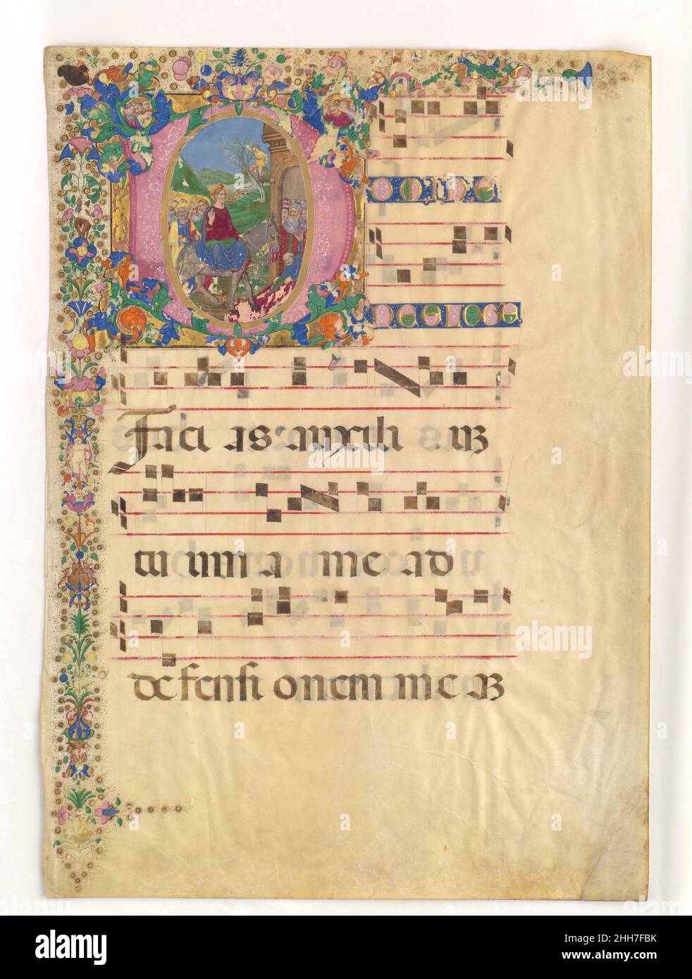 Manoscritto foglia con ingresso a Gerusalemme la Domenica delle Palme in un iniziale D, da un graduale 15th–16th secolo Bartolomeo di Domenico di Guido Italiano. Manoscritto foglia con ingresso a Gerusalemme la Domenica delle Palme in un iniziale D, da un graduale. Bartolomeo di Domenico di Guido (1430–1521). Italiano. 15th–16th secolo. Tempera, inchiostro e oro su pergamena. Fabbricato a Firenze?, Italia. Manoscritti e illuminazioni Foto Stock
