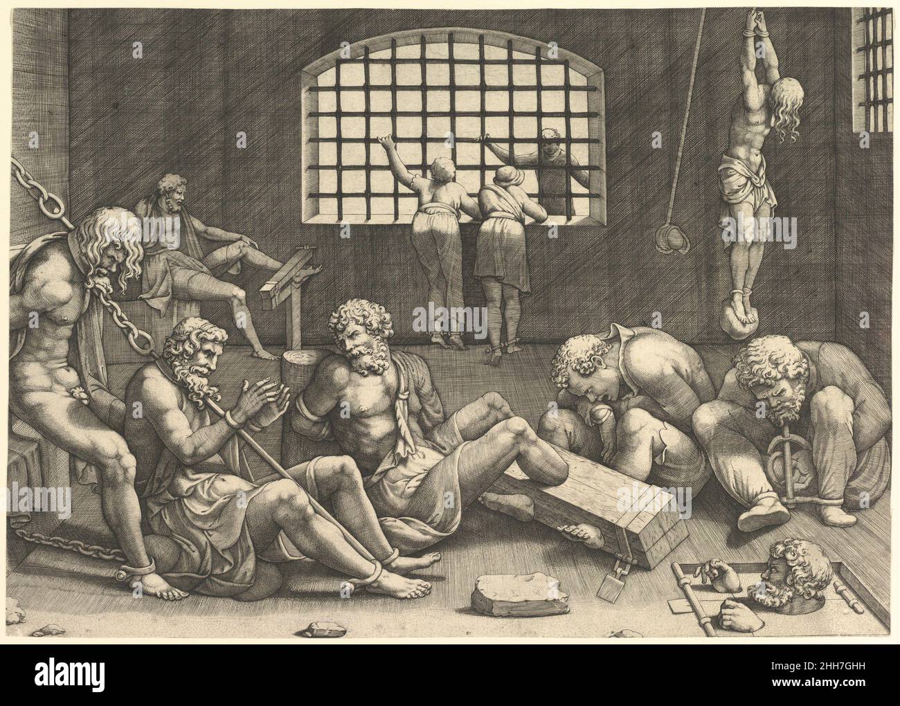 La prigione; un gruppo di uomini in una prigione legata a catene e maniglioni; a destra una figura appesa alle braccia, legata ad un masso n.d. Anonimo. La prigione; un gruppo di uomini in una prigione legata a catene e maniglioni; a destra una figura appesa alle braccia, legata ad un masso 367839 Foto Stock
