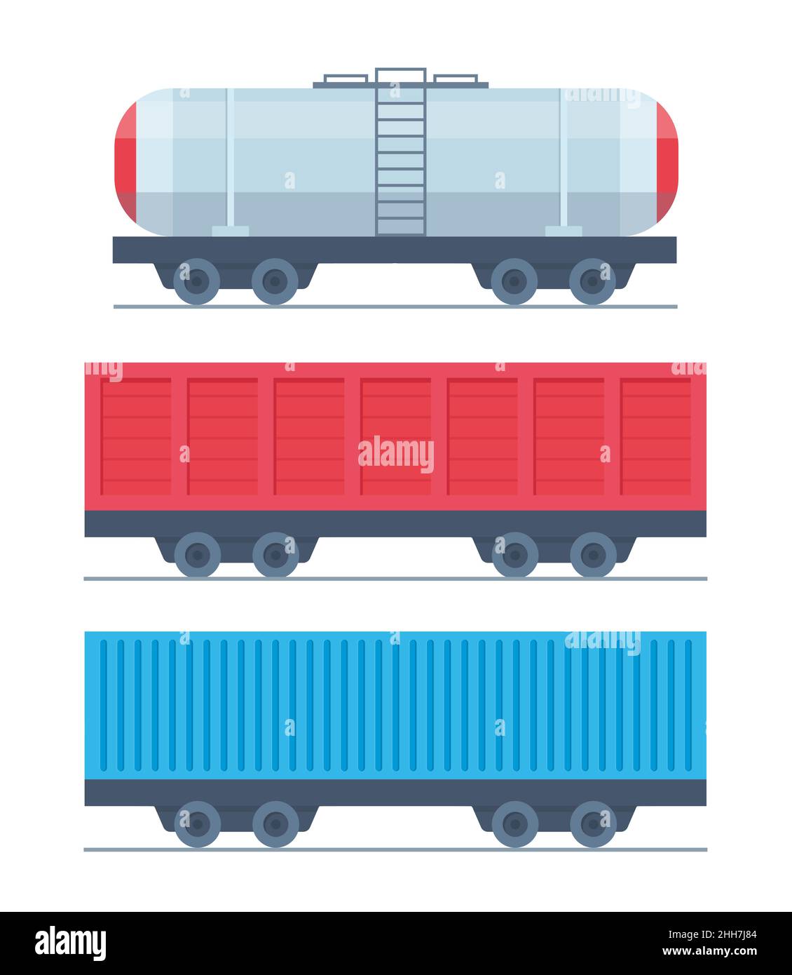 Cargo carro ferroviario, cisterna, trasporto merci, cisterna. Componenti cargo train. Illustrazione piatta del vettore di traffico merci moderno Illustrazione Vettoriale