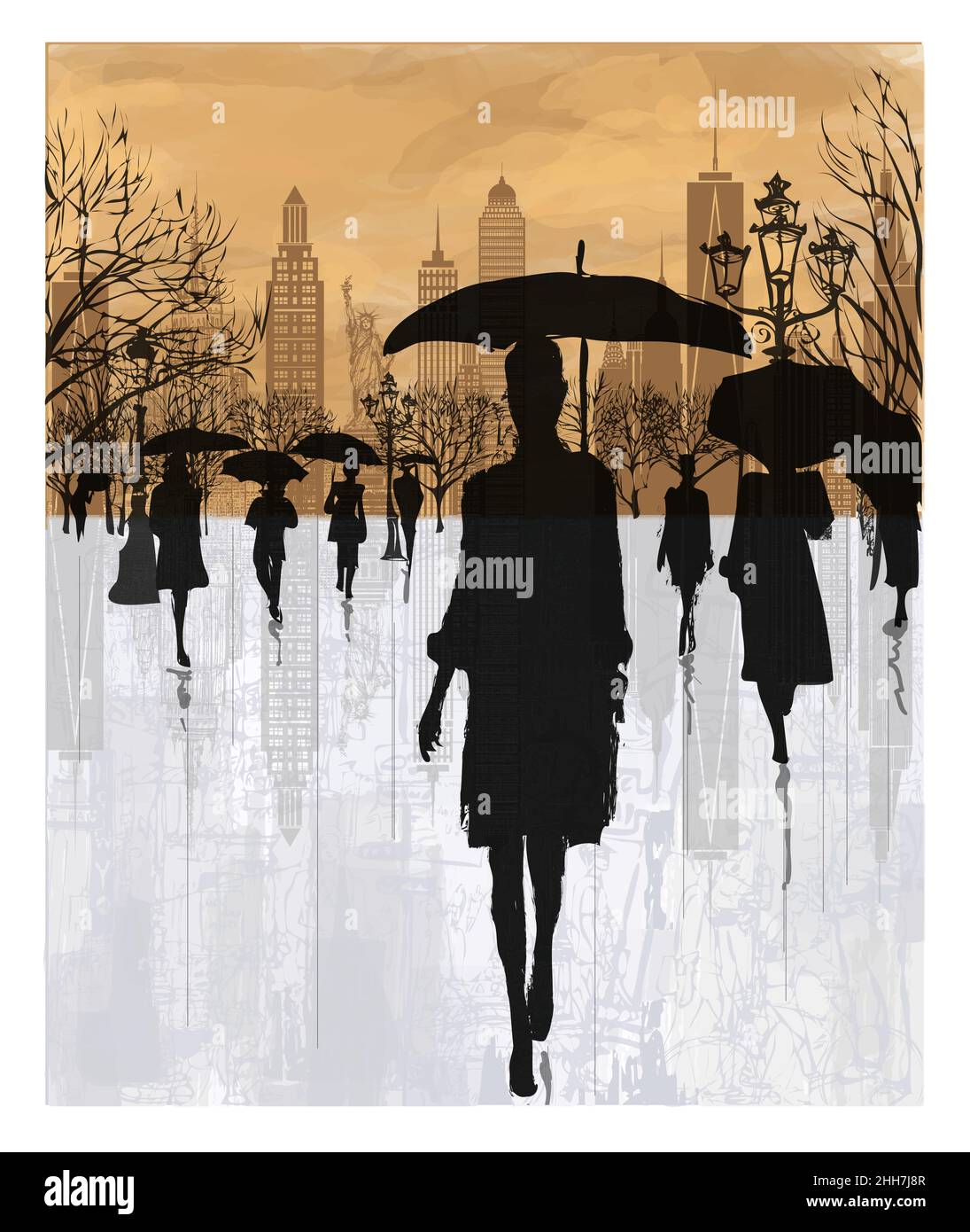 Persone sotto la pioggia a New York - illustrazione vettoriale (ideale per la stampa su tessuto o carta, poster o carta da parati, decorazione della casa) Illustrazione Vettoriale