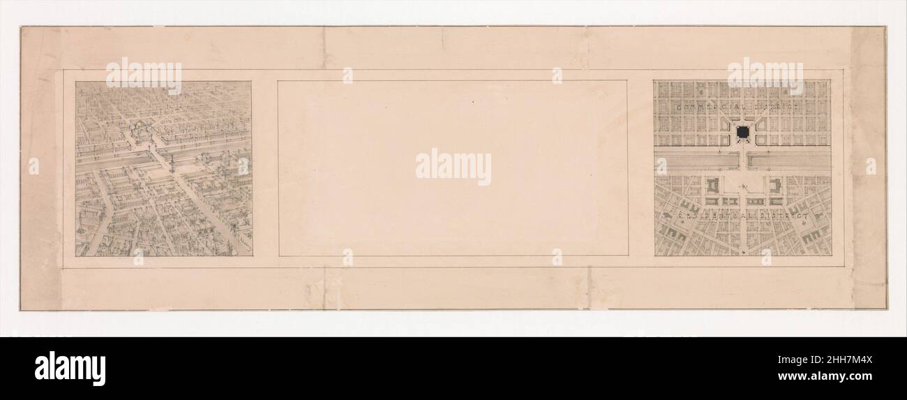 Progettazione e progettazione di una città bisecata da binari ferroviari ca. 1900 Robert Adams britannico? Questo disegno include un rendering tridimensionale di una città a sinistra e il relativo piano a destra. Il quartiere commerciale appare sopra, il quartiere residenziale sotto con le zone separate da binari ferroviari che sono attraversati da un ponte. Progettazione e pianificazione di una città bisecata in treno. Robert Adams (britannico (?), attivo ca. 1900). ca. 1900. Penna e inchiostro, spazzolare e lavare Foto Stock