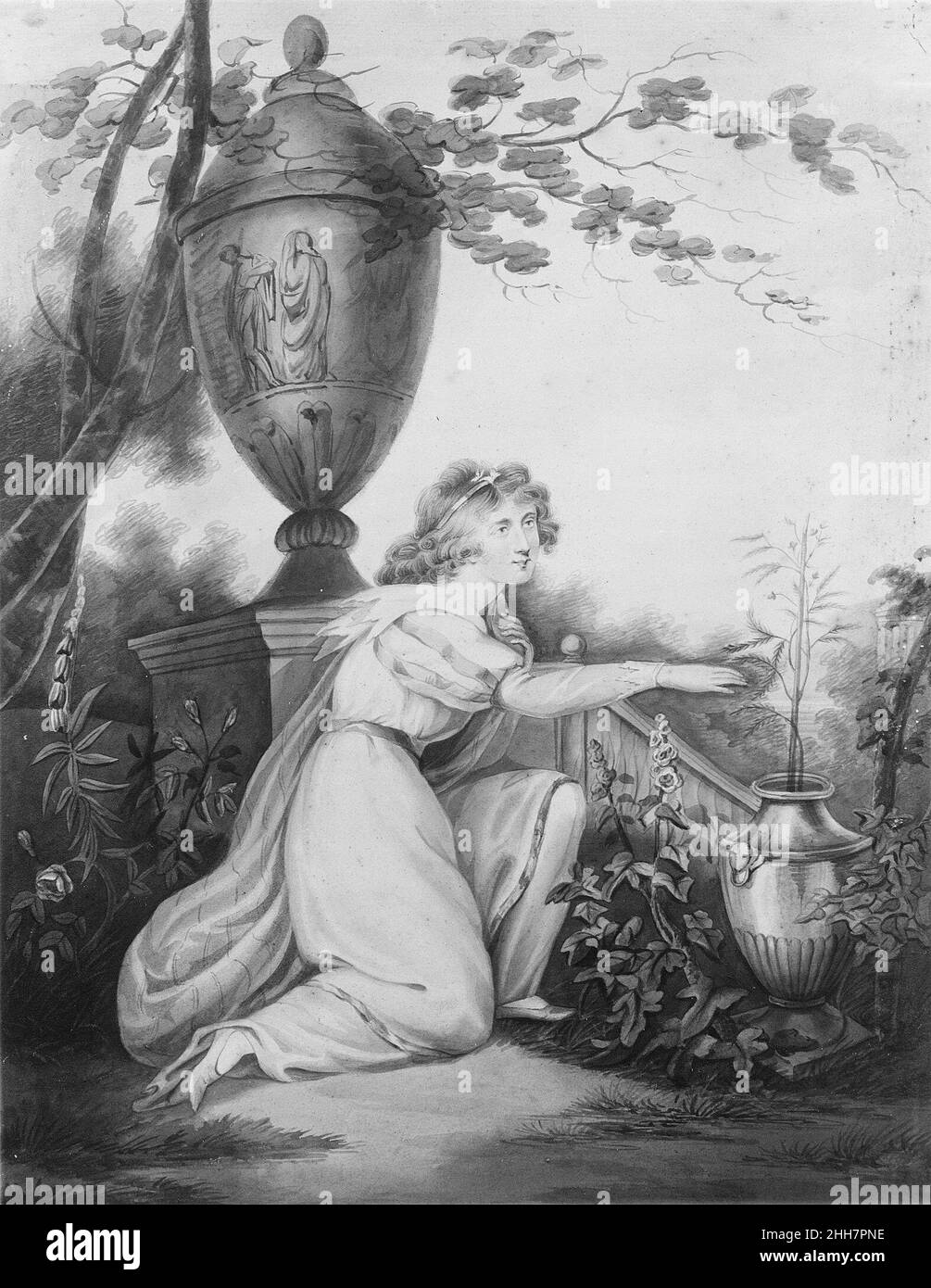 La pianta sensibile 1808 l’acquerello di Maria Edgar Maria Edgar, la sua unica opera conosciuta, è stato classificato come un quadro di lutto da almeno uno studioso. Include alcune delle caratteristiche comuni di tali scene, per esempio, l'urna e l'impostazione del giardino. Tuttavia non vi è dolore o perdita indicato nella composizione. Simbolo della moderna femminilità, si stira in mezzo a rose e piante fiorenti--foxguants o figwort--e volge la sua attenzione ad una mimosa in vaso, che è anche chiamata “la pianta sensibile” per il modo in cui le foglie rispondono allo stimolo. Sembra probabile che il dipinto di Edgar non sia di morte o di g. Foto Stock