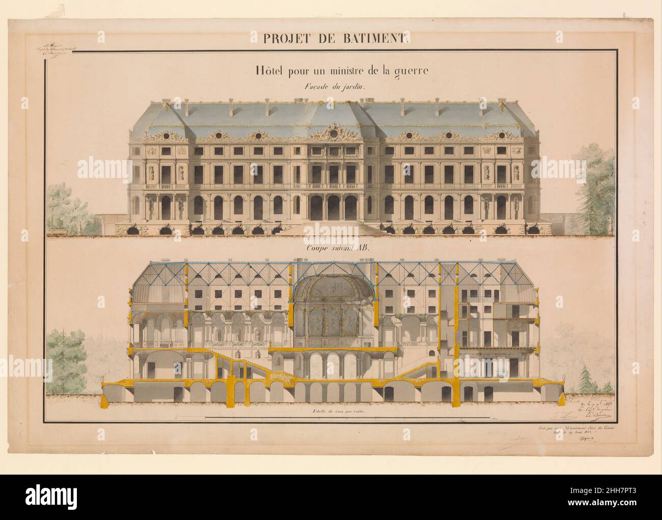 Progetto per la sede di un ministero di guerra 1853 progettato da Wagner francese. Progetto per la sede di un Ministero della Guerra. 1853. Penna, inchiostro e acquerello Foto Stock