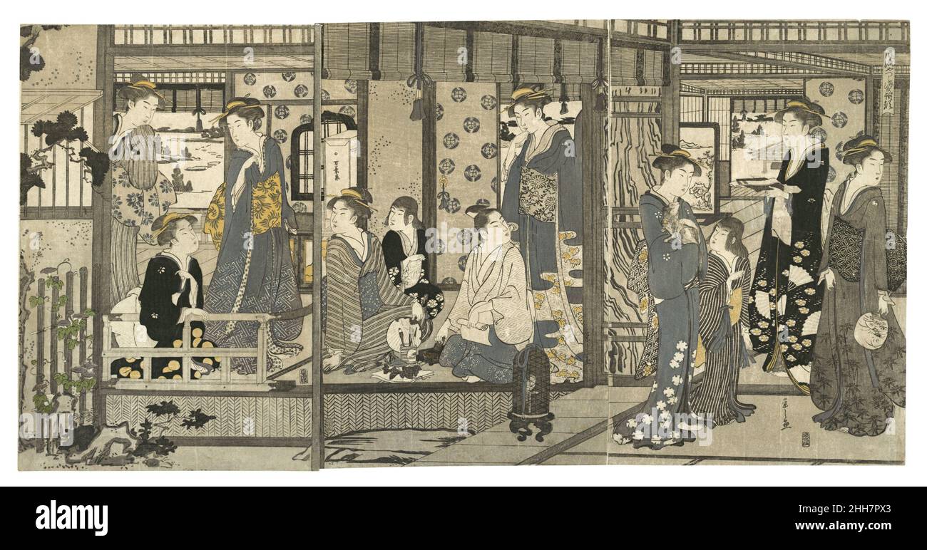 Bellflowers (Asagao), della serie Genji in Guise moderna alla moda (Fūryū yatsushi Genji: Asagao) 1789–92 Chōbunsai Eishi 鳥文斎栄之 Giapponese in questa “modernizzazione” del Capitolo 20, “Bellflowers”, l’infruttuosa ricerca della Principessa Asagao da parte di Genji viene data un’ambientazione del periodo Edo. Gli interni del palazzo con donne eleganti, e Genji e Asagao sono mostrati scambiarsi poesie; nella storia, lo fanno solo attraverso intermediari. Le figure, alte e sottili, dalle caratteristiche raffinate, sono caratteristiche delle stampe e dei dipinti di Chōbunsai Eishi. Come in altre stampe di questa serie di trittici, i colori Foto Stock