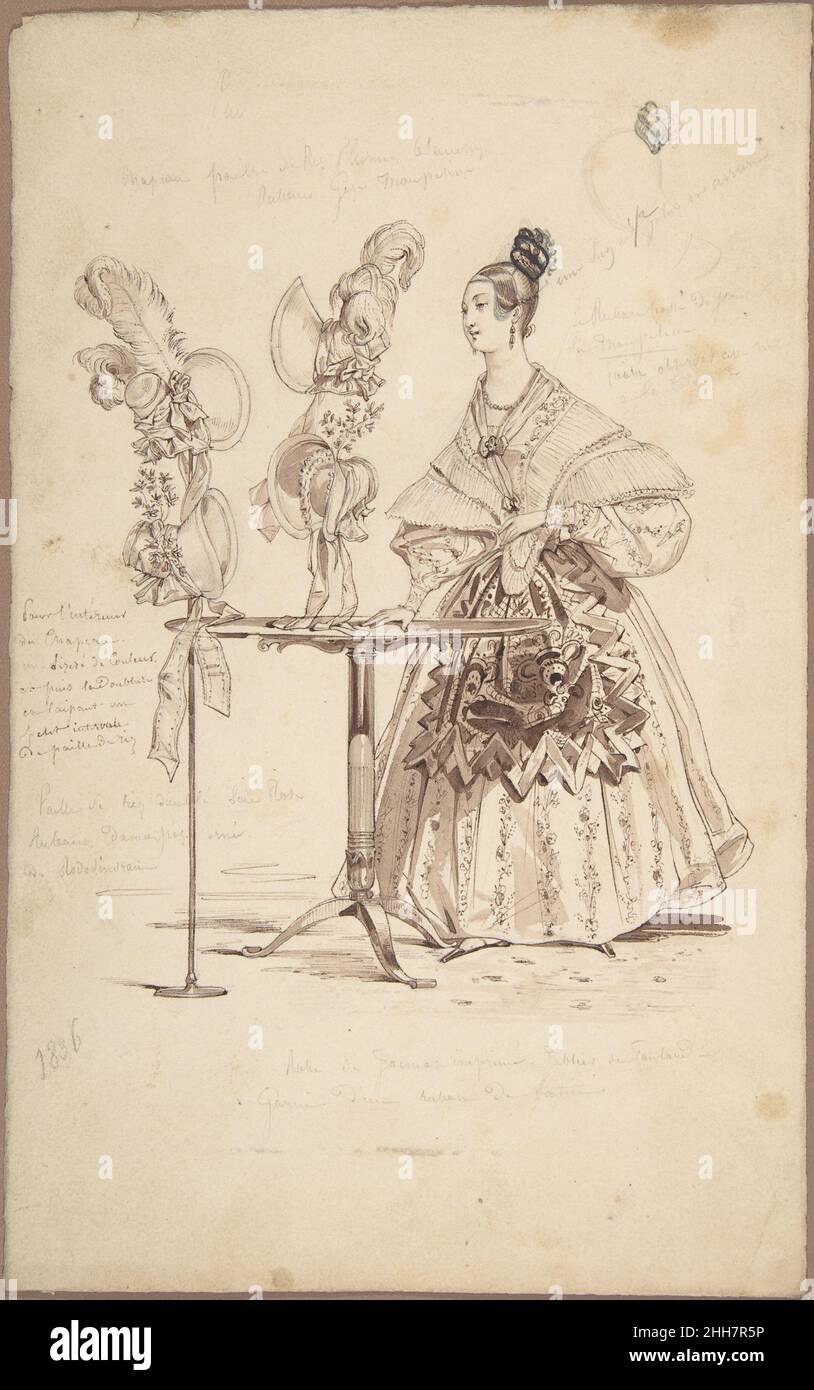 Costume Design 1836–37 Pierre-Numa Bassaget, chiamato Numa French Drawing, con una donna vestita con un abito a bordo pieno con maniche in puff e colletto a pieghe, e con motivi floreali, indossati con un grembiule con motivi semi-astratti legati intorno alla vita, in piedi dietro un tavolo rotondo, intorno al quale si trovano diversi cappelli, con elaborati disegni adornati con piume, fasci di fiori e foglie, e nastri, che presentano gli stili alla moda del tempo. Design del costume. Pierre-Numa Bassaget, chiamato Numa (francese, attivo dal 1830 al 54). 1836–37. Penna e inchiostro marrone, penna e inchiostro nero, pennello e bro Foto Stock