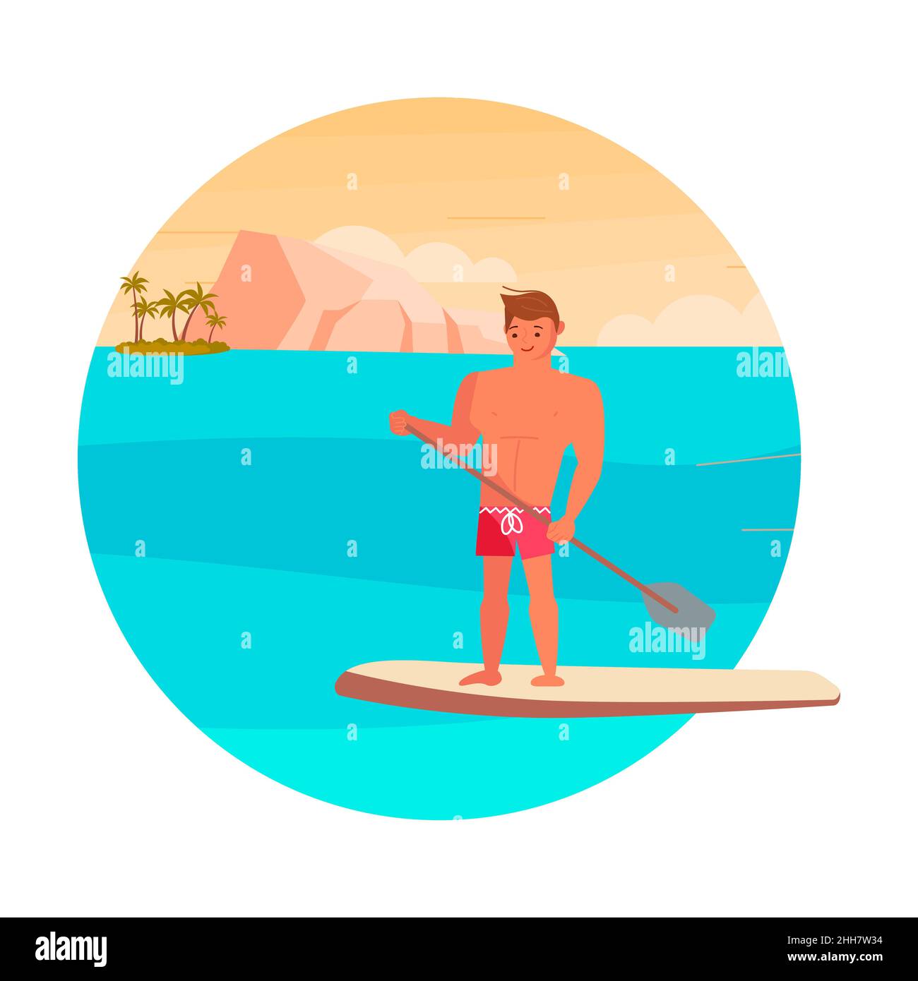 Modello rotondo attività estiva. Il giovane uomo si alza in piedi in sella al surf in mare. Illustrazione del vettore Flat Art. Illustrazione Vettoriale