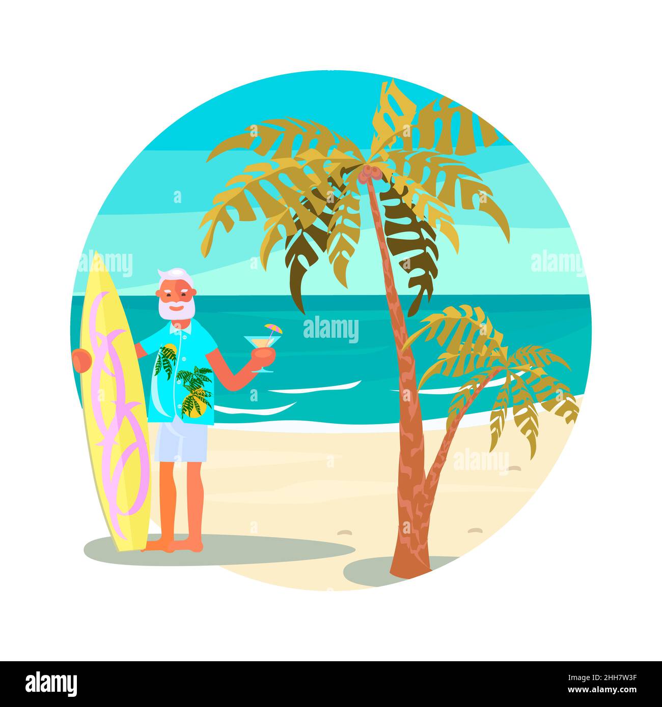 Modello rotondo attività estiva. Uomo anziano con tavola da surf e cocktail su una spiaggia di mare. Illustrazione del vettore Flat Art. Illustrazione Vettoriale