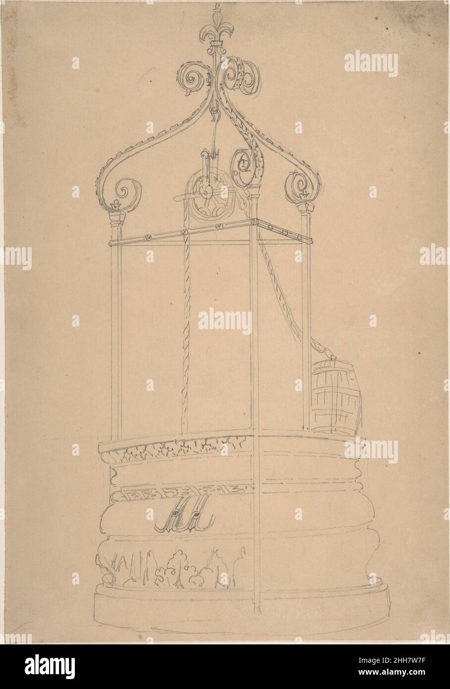 Bene con il cappuccio di ferro battuto e la base di pietra secondo mezzo 19th secolo Anonimo, britannico, 19th secolo britannico. Bene con cappuccio di ferro battuto e base di pietra 386725 Foto Stock