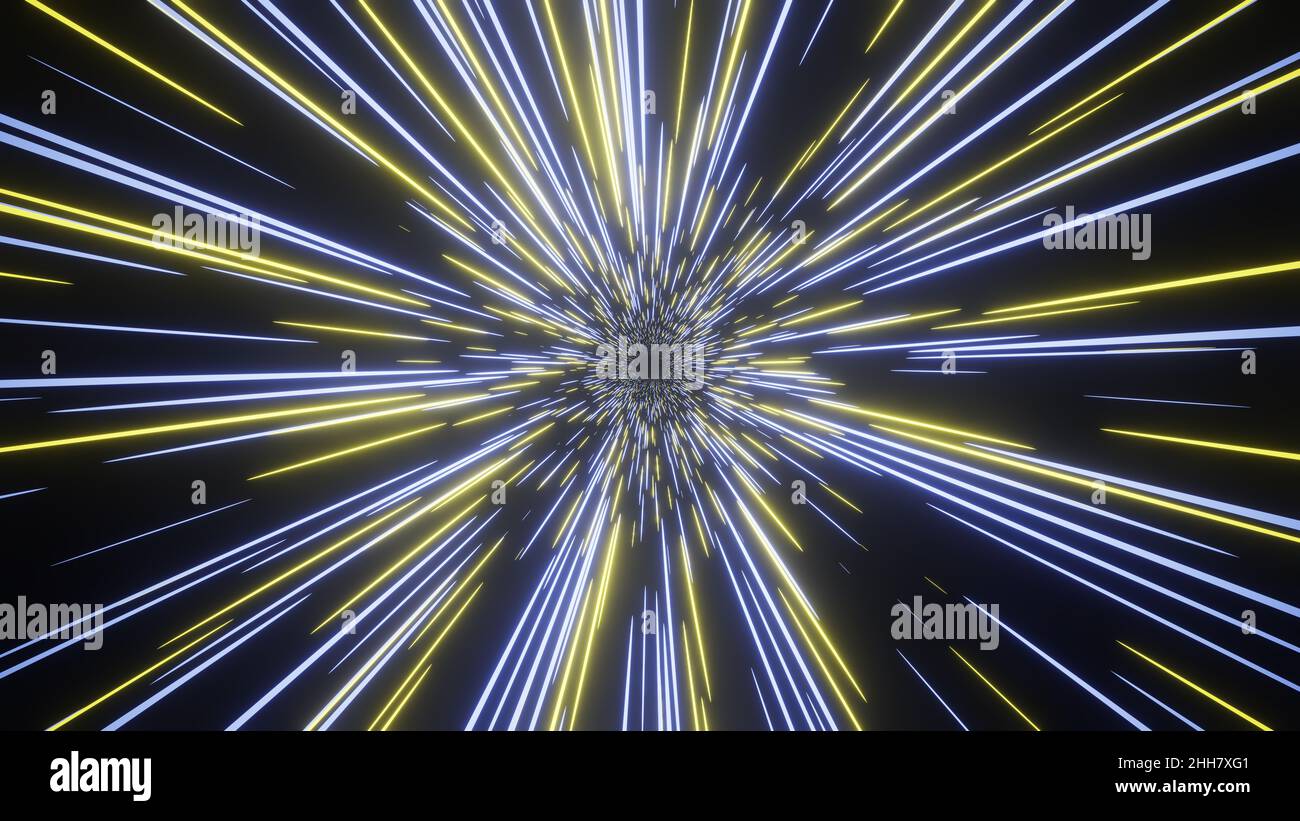 Astratto spazio viaggio 3D illustrazione. Linee luminose su sfondo nero. Foto Stock