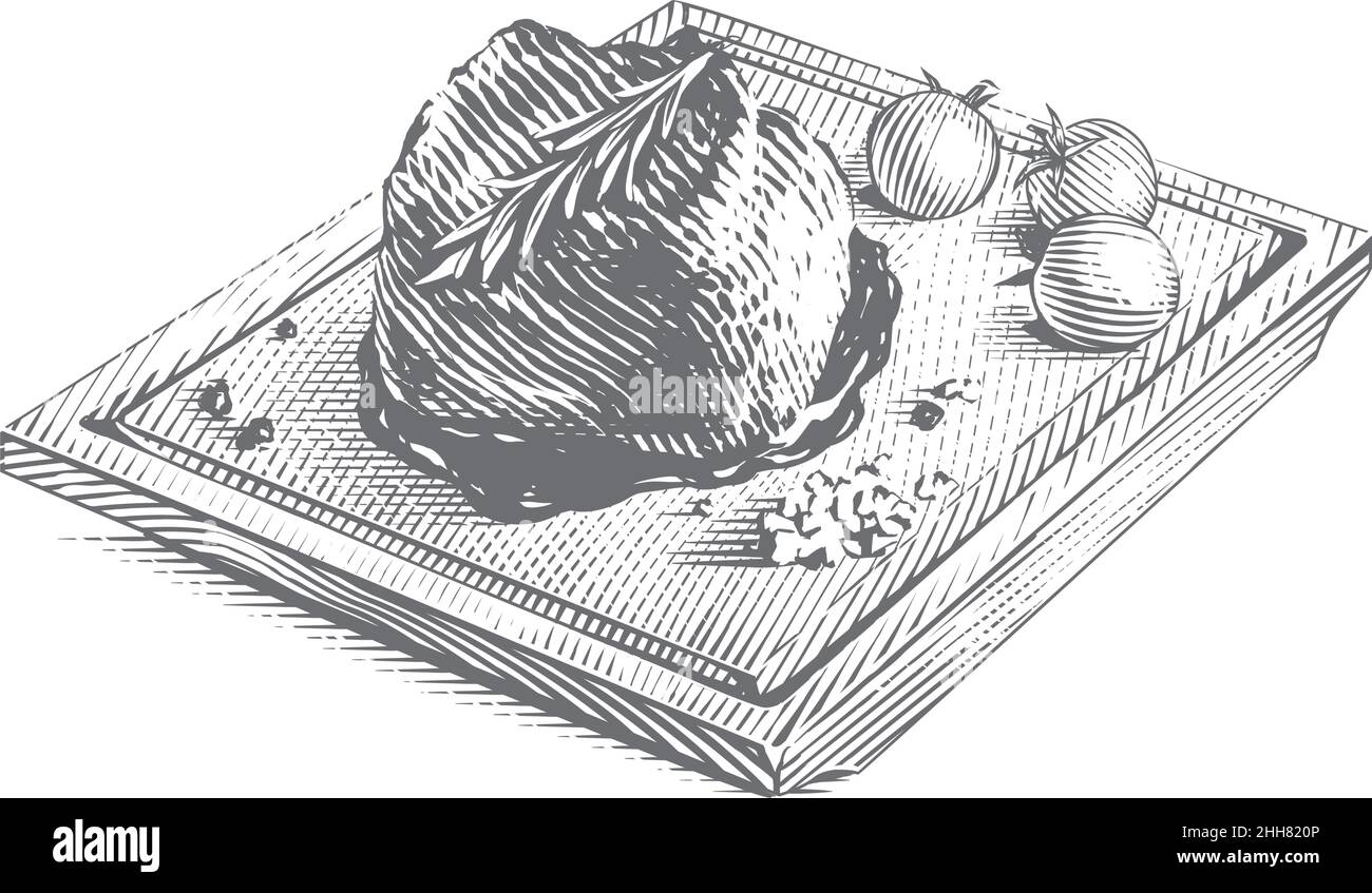 bistecca di carne mignon su tavola di legno disegno a mano disegno schizzo incisione stile illustrazione Illustrazione Vettoriale