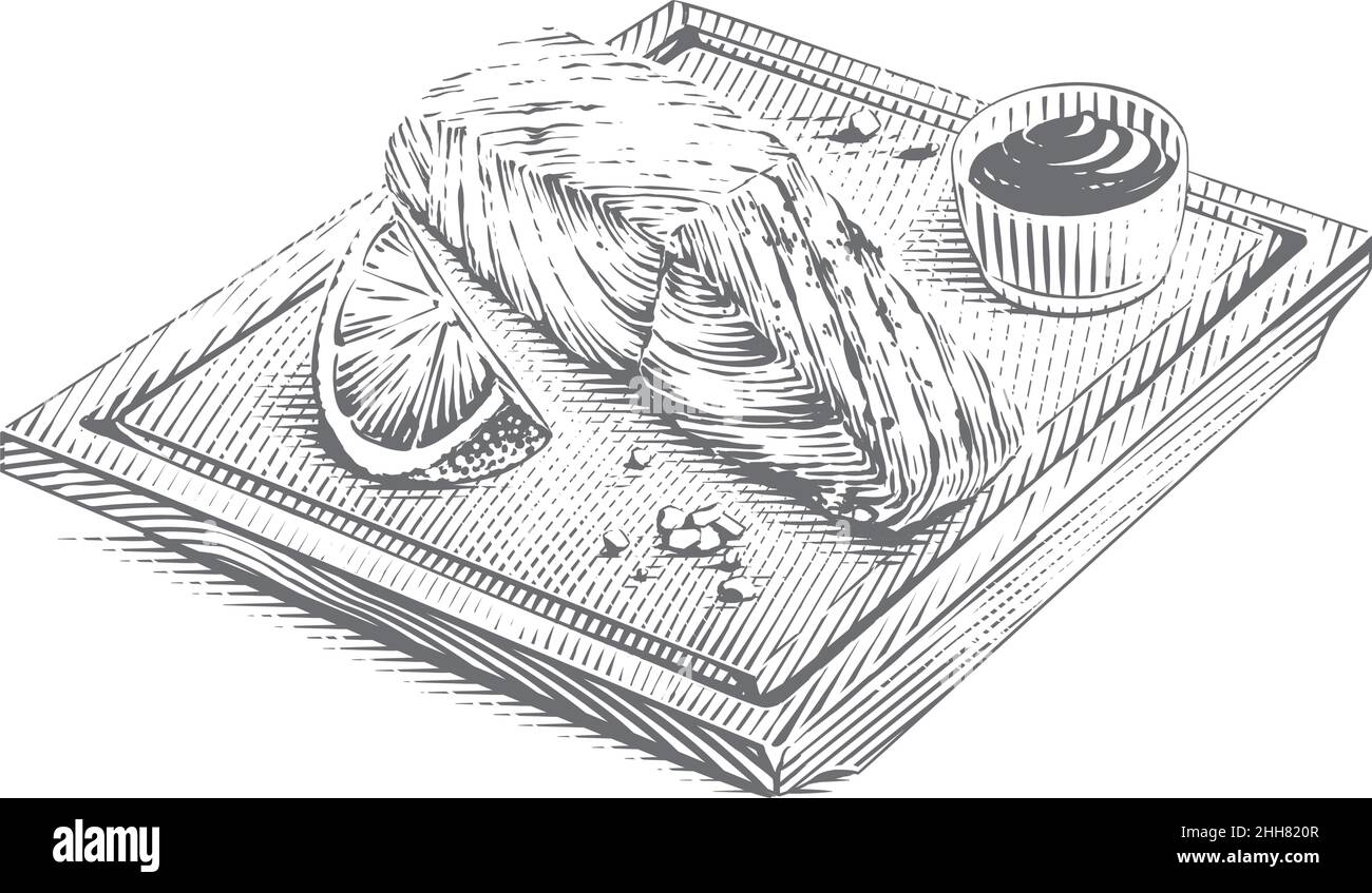 bistecca di pesce sul tagliere disegno a mano disegno schizzo incisione stile illustrazione Illustrazione Vettoriale