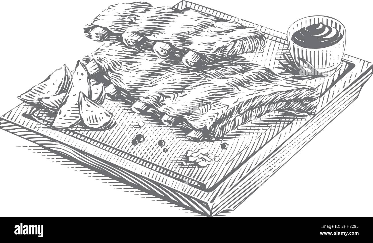 costole di maiale sul tagliere disegno a mano disegno disegno disegno disegno stile illustrazione incisione Illustrazione Vettoriale