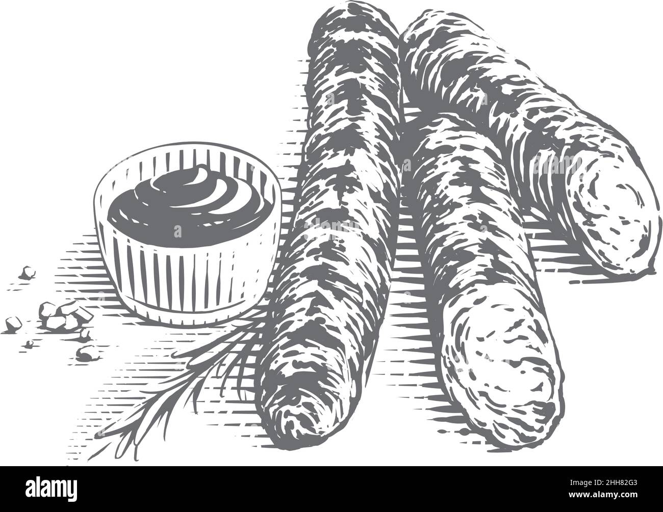 grill salsiccia disegno a mano schizzo incisione stile illustrazione Illustrazione Vettoriale