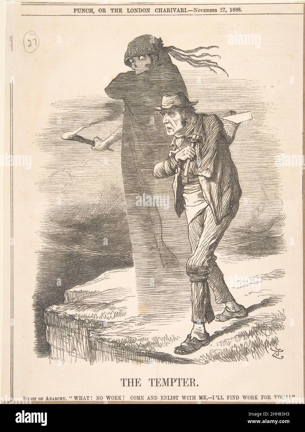 The Tempter (Punch, 27 novembre 1886) 1886 Sir John Tenniel British questa stampa satirica pubblicata nel periodico 'Punch' mostra un uomo sottile e disperato incapace di trovare lavoro ai margini di una scogliera con la morte che lo ha tentato di saltare. The Tempter (Punch, 27 novembre 1886). Sir John Tenniel (British, Londra 1820–1914 Londra). 1886. Incisione in legno. Stampa Foto Stock