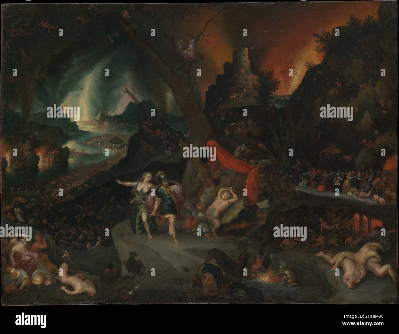 Enea e il Sibyl nell'Underworld 1630s Jan Brueghel il giovane fiammingo questa immagine infernale del 1630s fu ispirata dai 'paesaggi infernali' di Jan Brueghel il Vecchio che a sua volta guardò indietro a Bosch. Il soggetto è di Virgil, Eneid, Libro VI. Enea e il Sibyl nell'Underworld. Jan Brueghel il giovane (Fiammingo, Anversa 1601–1678 Anversa). 1630s. Olio su rame. Dipinti Foto Stock