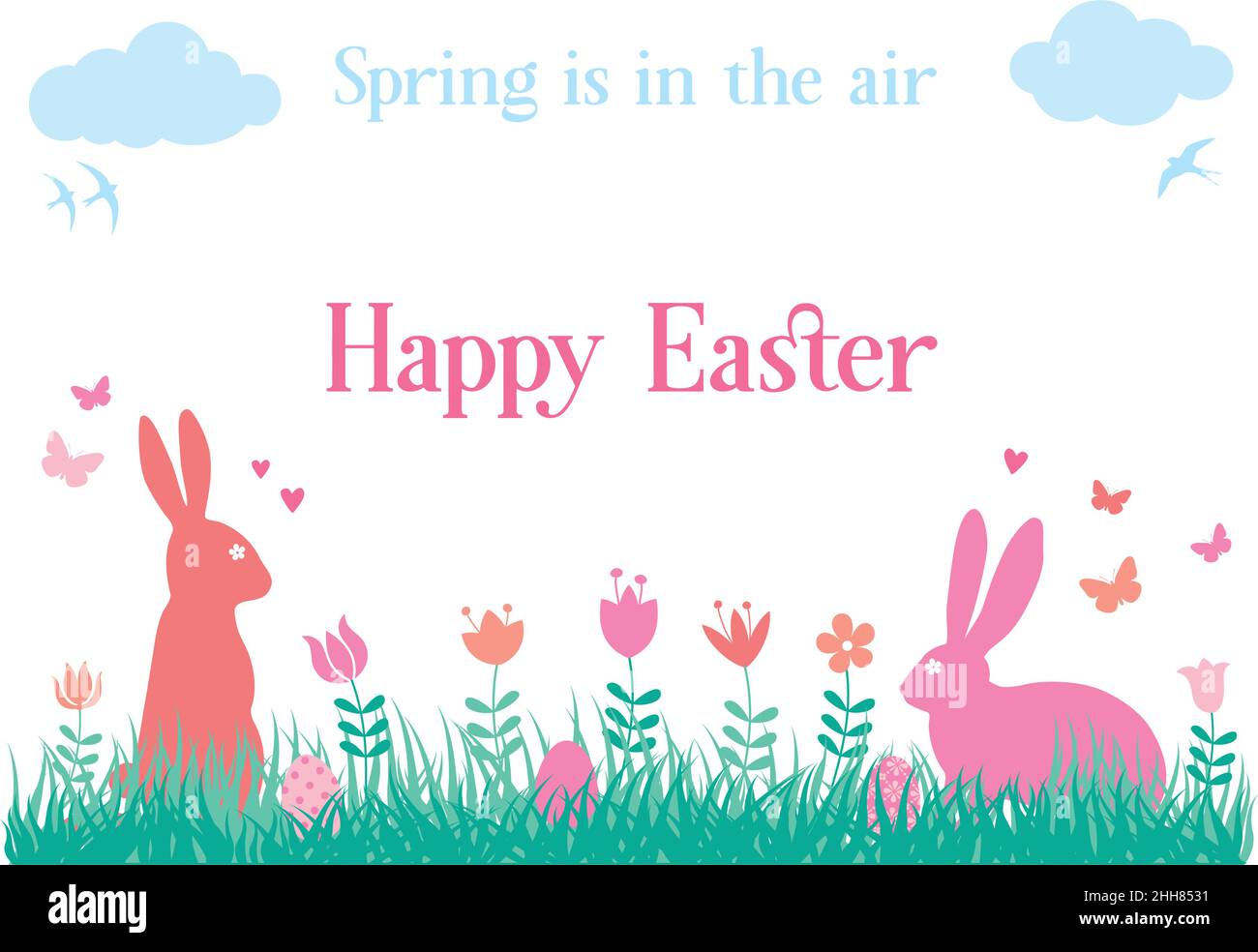 Coniglietti di Pasqua seduti in erba con fiori primaverili, set di illustrazione vettoriale su sfondo bianco Illustrazione Vettoriale