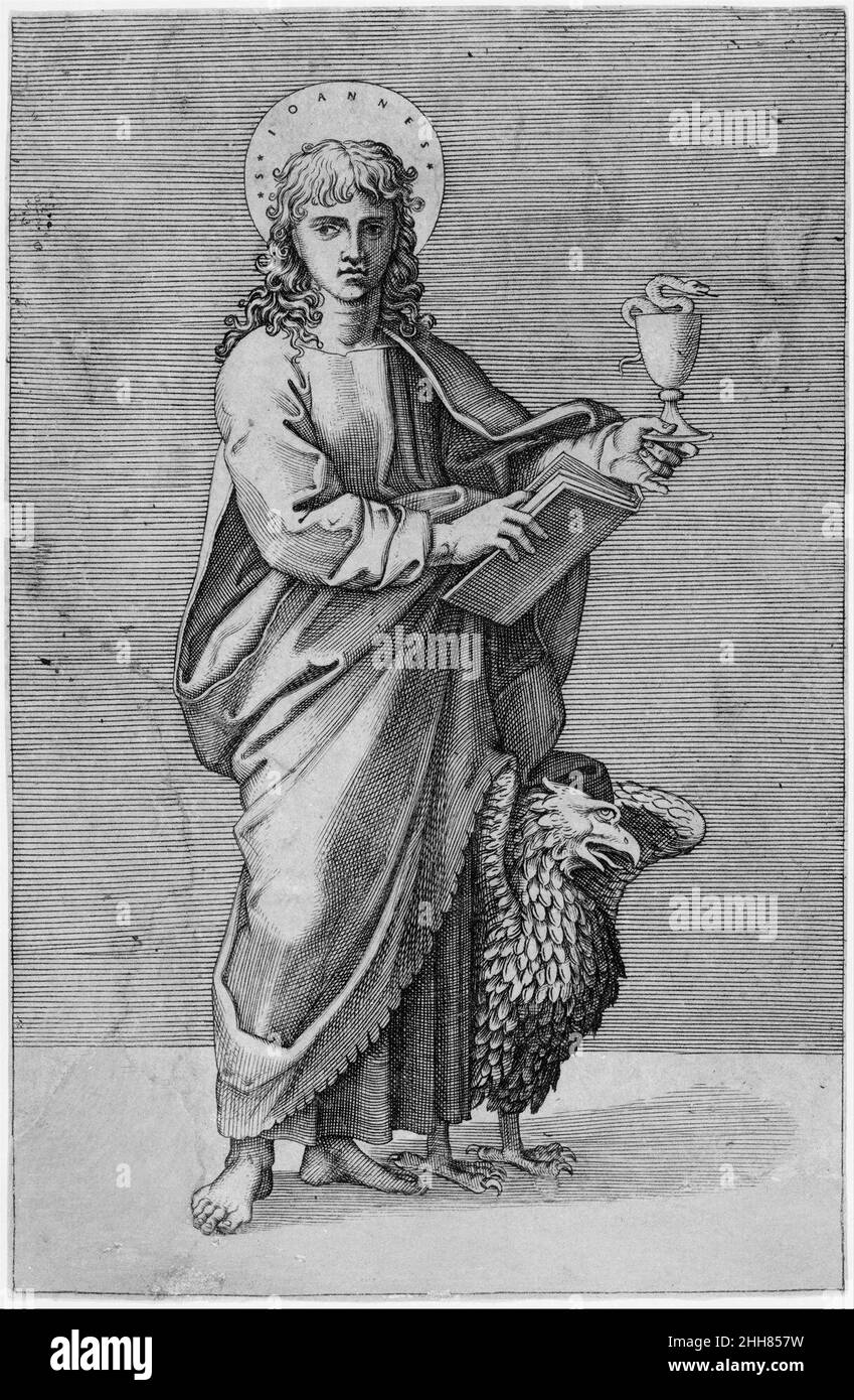 San Giovanni tenendo il calice a sinistra, libro a destra, aquila in piedi sul lato sinistro ca. 1500–1550 Scuola di Marcantonio Raimondi Italiano. San Giovanni tenendo il calice a sinistra, libro a destra, aquila in piedi sul lato sinistro 342778 Foto Stock