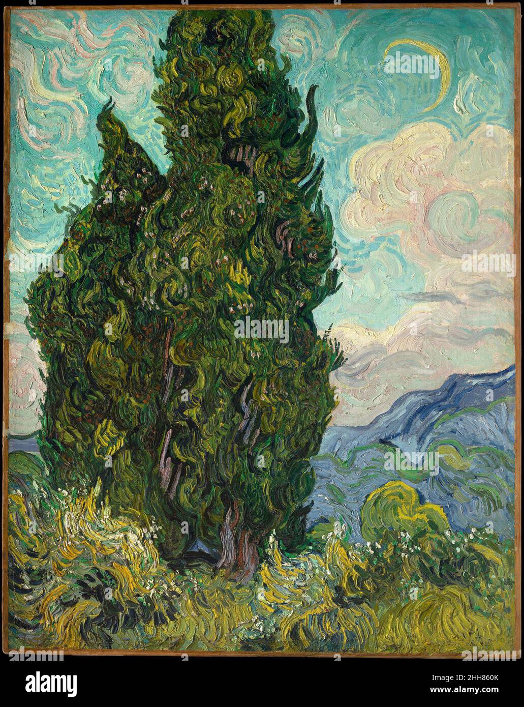 Cipressi 1889 Vincent van Gogh cipressi olandesi è stato dipinto alla fine di giugno 1889, poco dopo Van Gogh ha iniziato il suo soggiorno di un anno presso l'asilo a Saint-Rémy. Il soggetto, che ha trovato "bello per quanto riguarda le linee e le proporzioni, come un obelisco egiziano", ha entrambi affascinato e sfidato l'artista: "È la macchia scura in un paesaggio soleggiato, ma è una delle note scure più interessanti, la più difficile da colpire esattamente che io possa immaginare". Una delle due viste ravvicinate degli alberi 'molto alti e massicci' in formato verticale (l'altra si trova nel Museo Kröller-Müller, Otterlo), Cypres Foto Stock