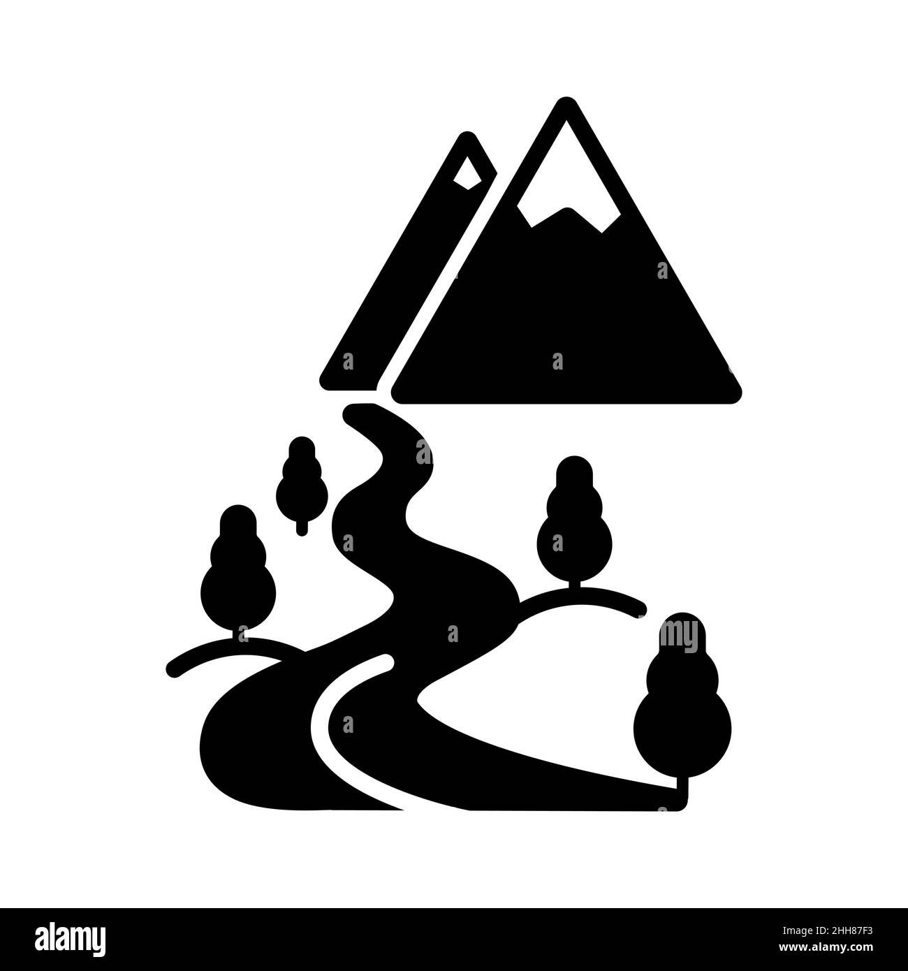 Montagna e fiume vettore glifo icona. Segno della natura. Simbolo grafico per sito web di viaggi e turismo e design di app, logo, app, UI Illustrazione Vettoriale
