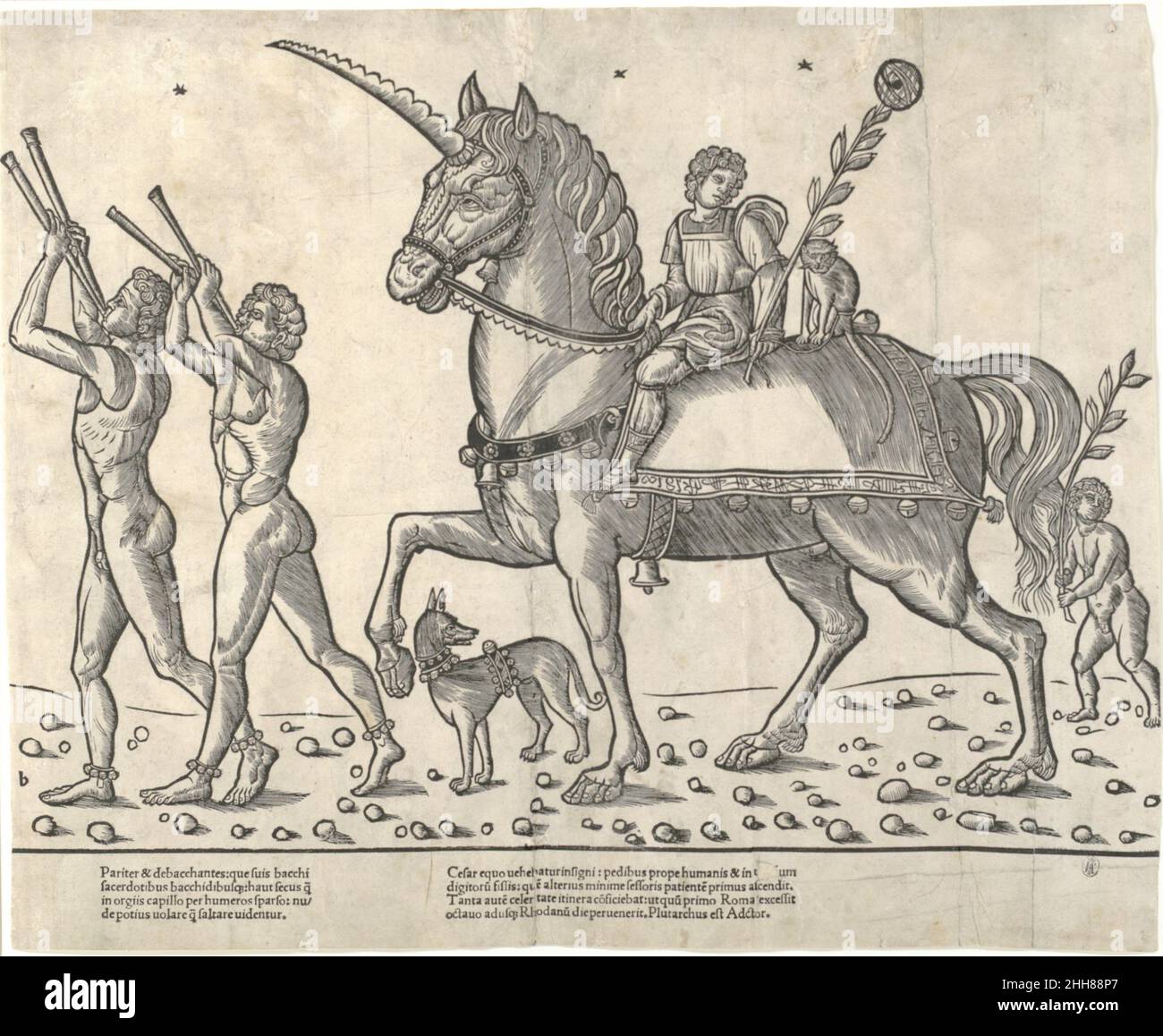 Trombettieri che portano Cesare a cavallo, da 'i Trionfi di Cesare' 1504 Giacobbe di Strasburgo parte di un fregio in legno di dodici fogli (27.54.118-27.54.128). Trombettieri che conducono a cavallo, dai 'Trionfi di Cesare' 348321 Foto Stock