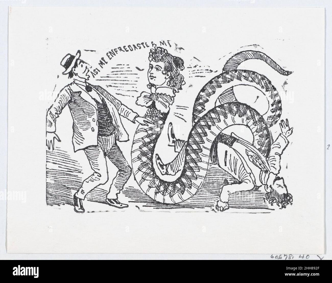 Un serpente con la testa di una donna che scivola verso un uomo spaventato, un'illustrazione da 'la Ballata della donna serpente' (ristampata 1930) ca. 1880–1910 José Guadalupe Posada. Un serpente con la testa di una donna che scivola verso un uomo spaventato, un'illustrazione da 'la Ballata della donna serpente' (ristampata 1930). José Guadalupe Posada (messicano, 1851–1913). CA. 1880–1910. Incisione su zinco. Stampa Foto Stock
