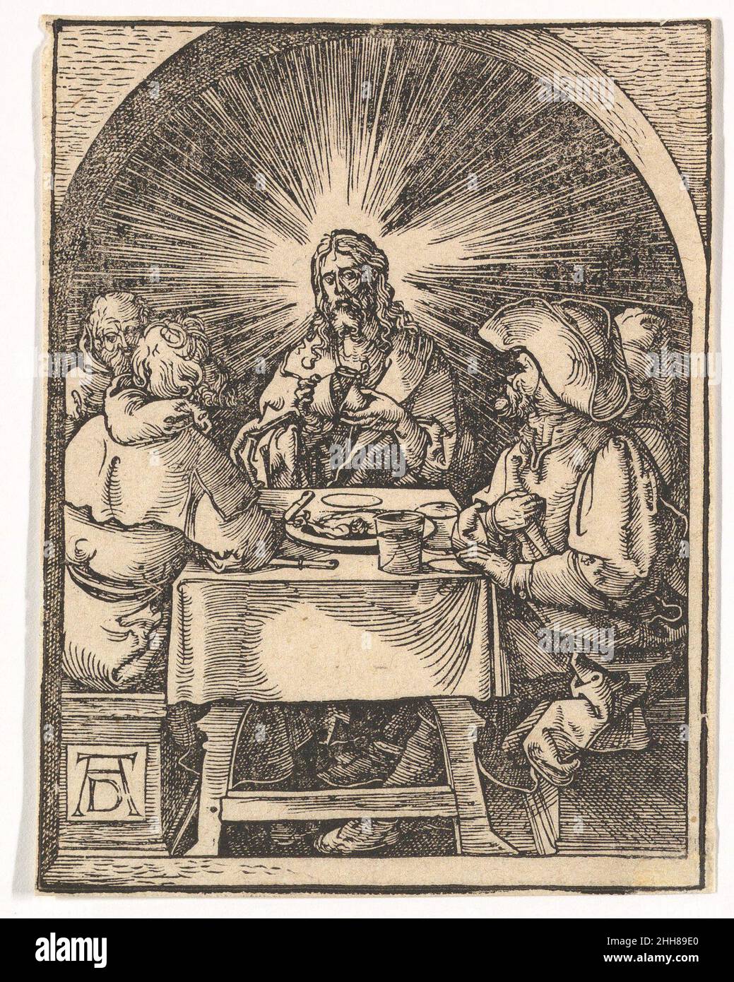 Cristo in Emmaus, dalla piccola Passione (copia) n.d. dopo Albrecht Dürer tedesco. Cristo in Emmaus, dalla piccola Passione (copia) 382286 artista: Dopo Albrecht D?rer, tedesco, Norimberga 1471?1528 Norimberga, artista: Johann Mommard, Cristo in Emmaus, Da The Small Passion (copia), n.d., Woodcut, 5 1/8 x 3 7/8 poll. (13 x 9,8 cm). Il Metropolitan Museum of Art, New York. Bequest of Harry G. Friedman, 1965 (66.521.90) Foto Stock