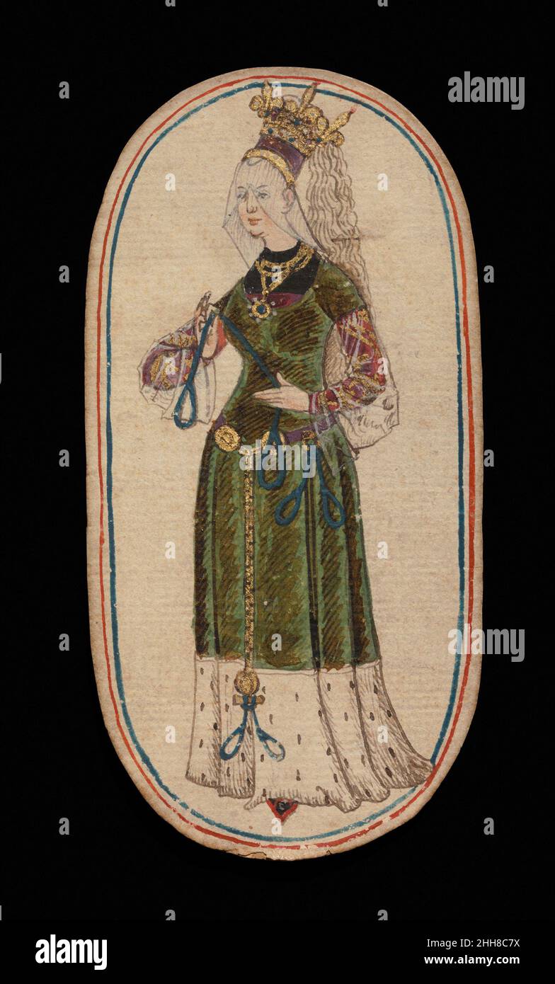 Regina di Nooses, dal Cloisters Playing Cards ca. 1475–80 South Netherlandish il set Cloisters di cinquantadue carte costituisce l'unico mazzo completo conosciuto di carte da gioco ordinarie illuminate (al contrario delle carte tarocchi) del XV secolo. Ci sono quattro tute, ciascuna composta da un re, una regina, un cavaliere e dieci carte pip. I simboli del vestito, basati sull'attrezzatura associata alla caccia, sono corna da caccia, collari di cane, tether di cane e nooses di gioco. Il valore delle carte pip è indicato da opportune ripetizioni del simbolo del seme. Le cifre, che sembrano essere basate su Franco-Fl Foto Stock