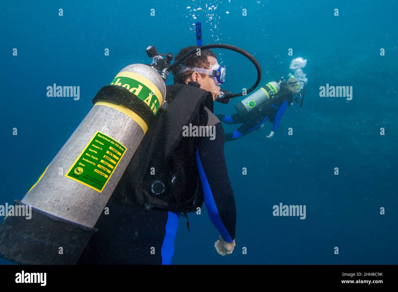 Subacquei (MR) con taniche di nitrox e adesivo che mostra la data di riempimento, la percentuale di ossigeno, la pressione e la profondità massima per la miscela , Palau, Micronesia. Foto Stock