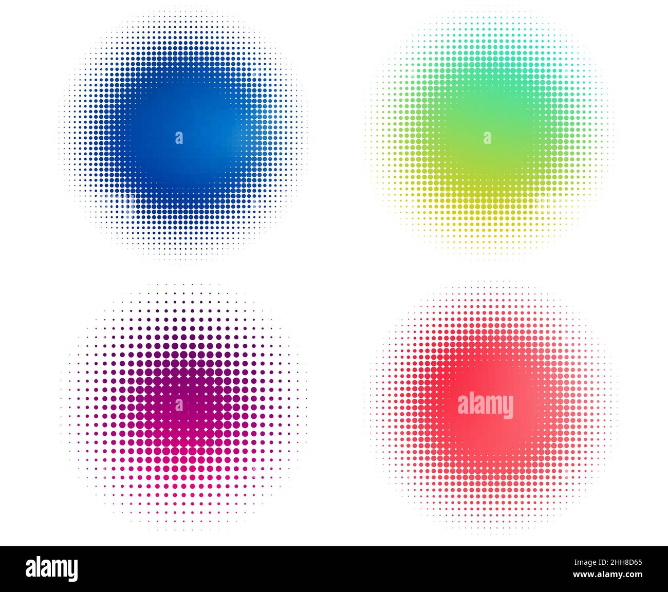 Quattro puntini astratti colorati a mezzitoni su bianco. Punti blu, verde, viola e rossi. Arrotondare i punti ad alta risoluzione nel motivo a griglia a matrice. Foto Stock