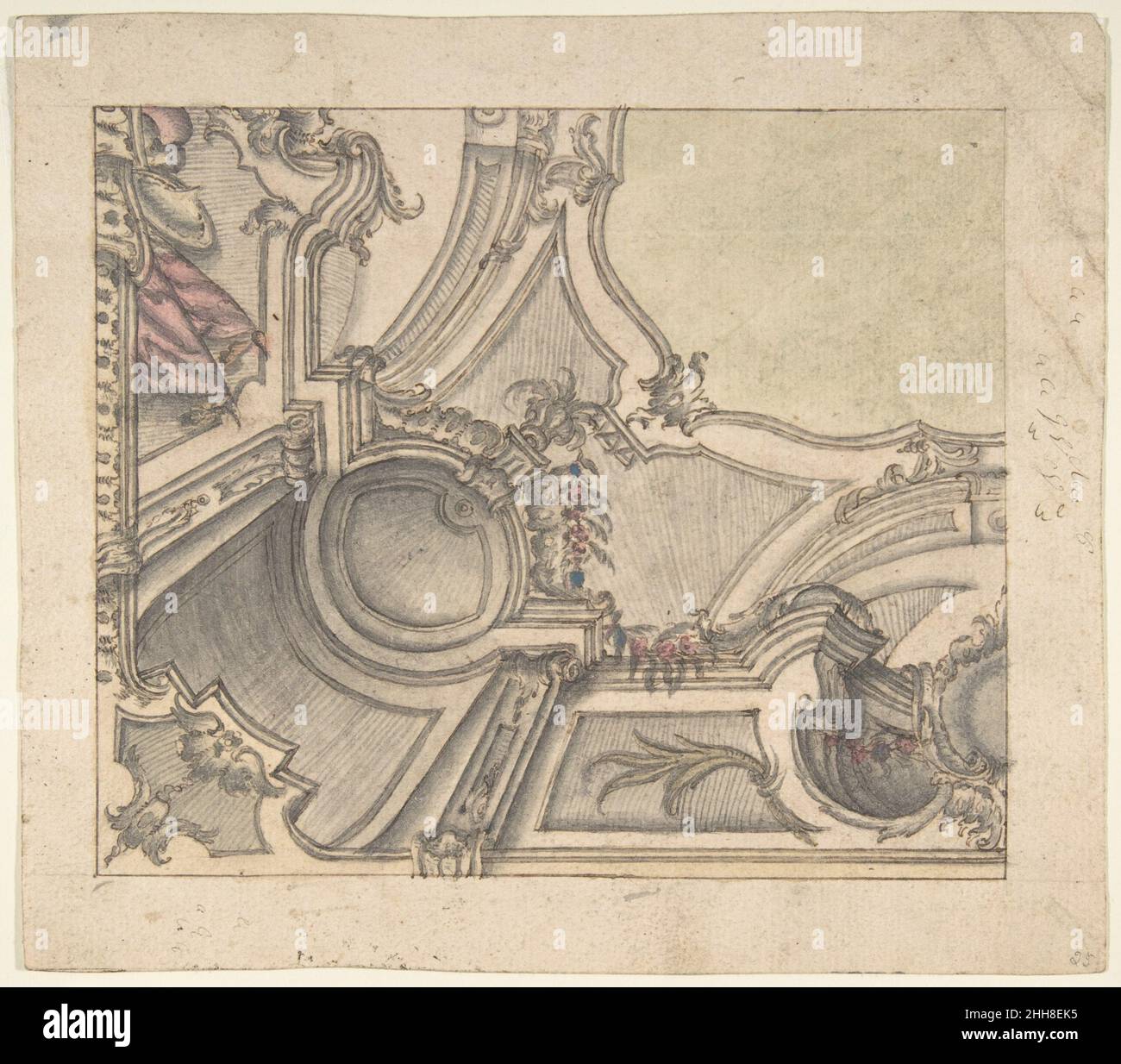 Un quarto di un disegno per un soffitto dipinto (recto); Frieze con Putto, vasi, e altre decorazioni (verso) 1700–1780 Anonimo, italiano, piemontese, italiano del 18th secolo. Un quarto di un disegno per un soffitto dipinto (recto); Frieze con Putto, vasi, e altre decorazioni (verso). Anonimo, italiano, piemontese, 18th secolo. 1700–1780. Penna e inchiostro marrone, pennello con lavaggio grigio e acquerello, punto di derivazione o grafite, con struttura a righe e bussola; contorni in penna e inchiostro marrone (recto). Penna e inchiostro marrone sul punto di attacco o grafite con struttura rigata (verso). Disegni Foto Stock