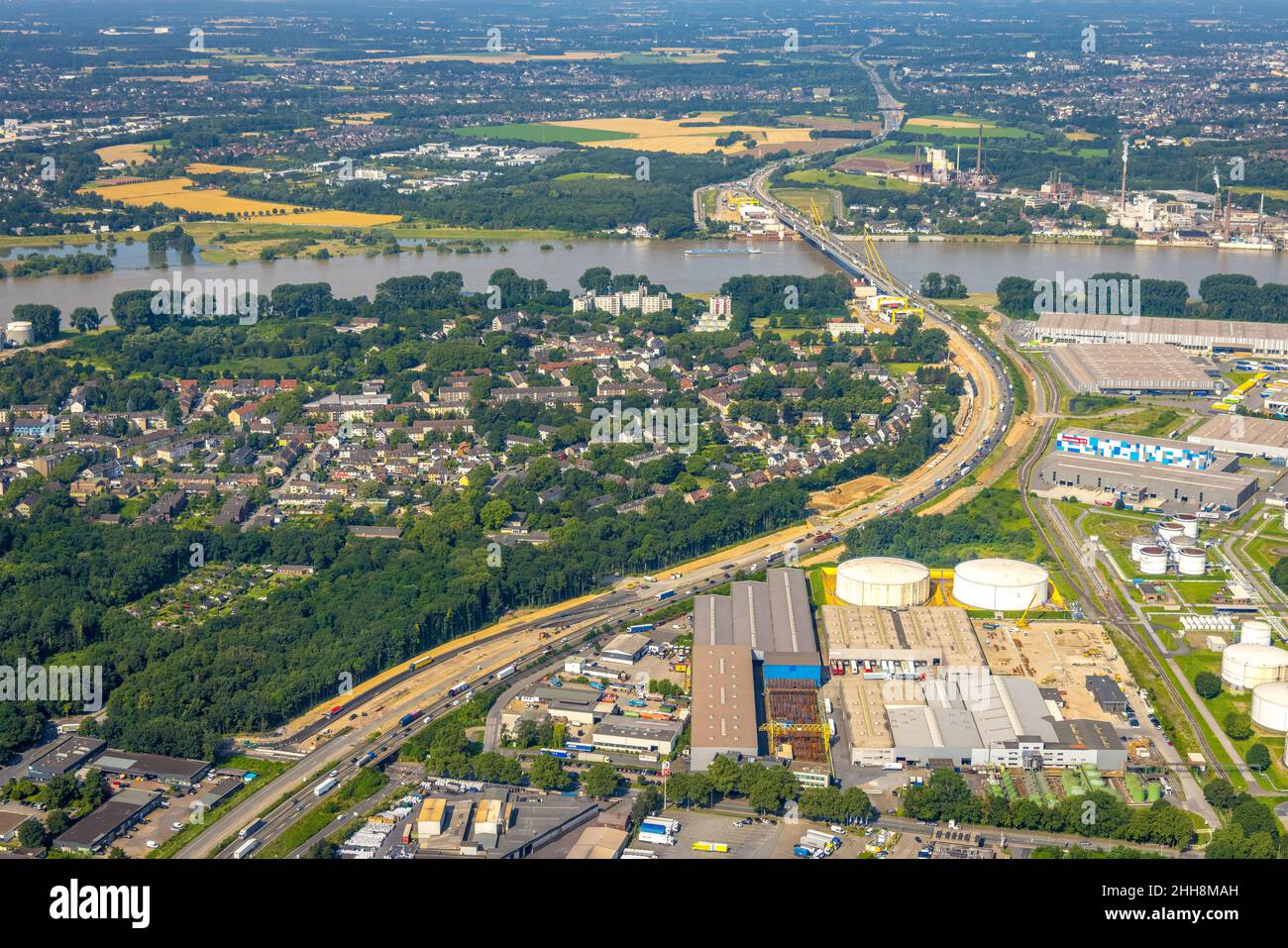 Vista aerea, cantiere presso il ponte sul Reno A40 Neuenkamp, Kaßlerfeld, Duisburg, zona della Ruhr, Renania settentrionale-Vestfalia, Germania, autostrada A40, brid Foto Stock